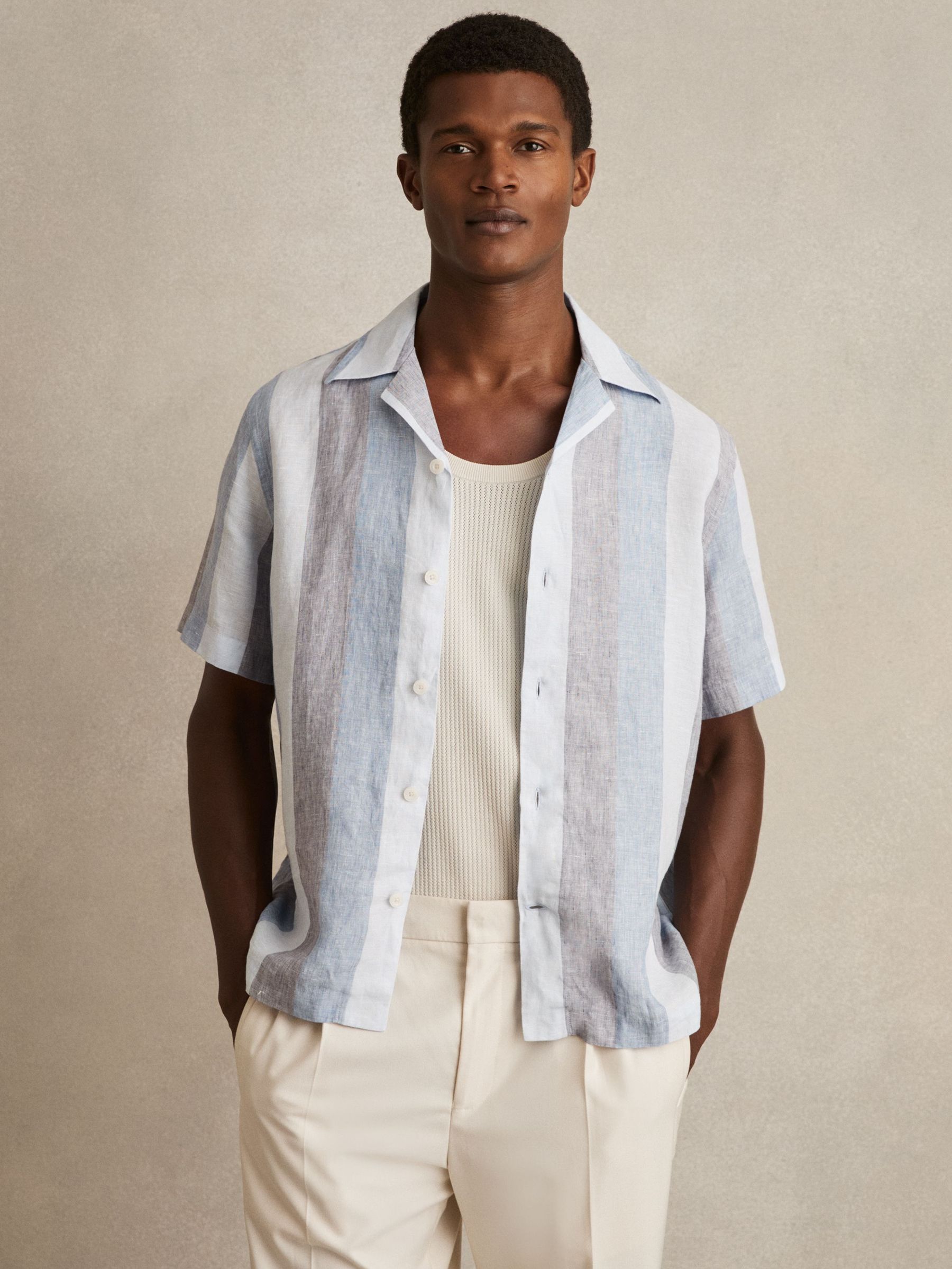 Stripe Cuban Collar Shirt in Wide Stripe Blue Multi (F45269) | US$160