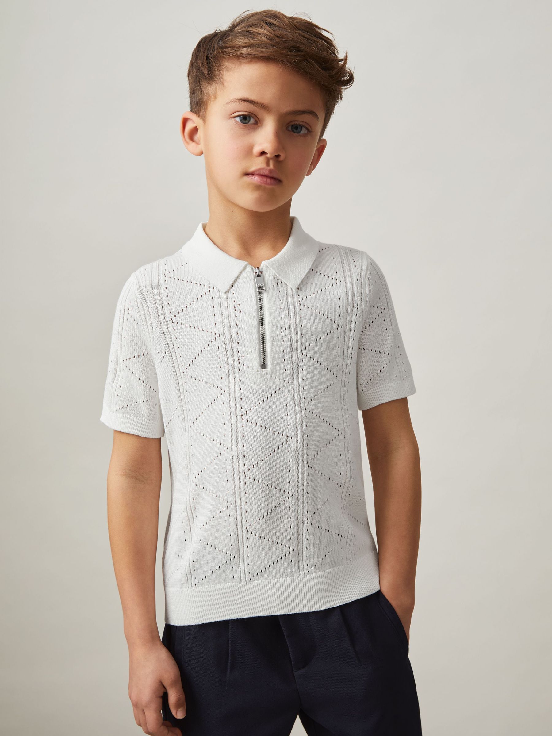 Half-Zip Pointelle Polo Shirt in Off White (F45326) | €60