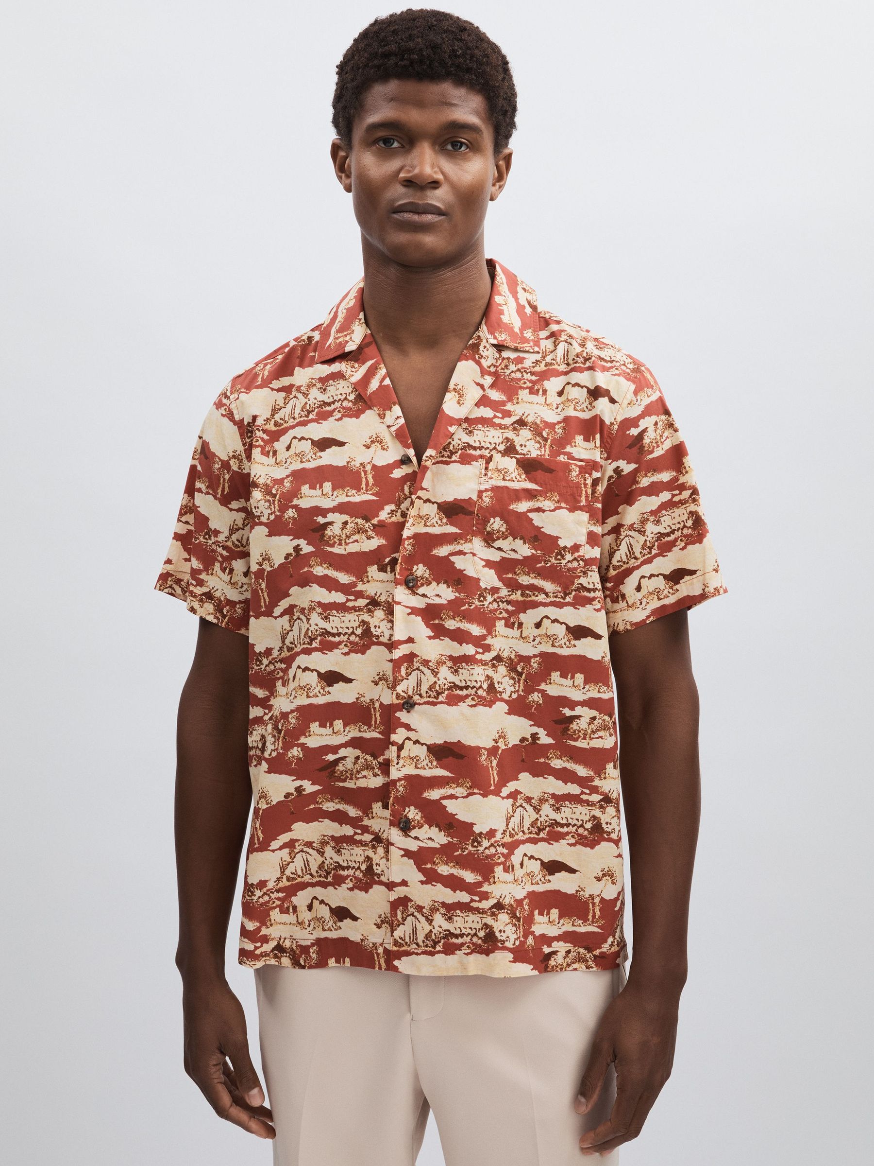 Ruins Print Cuban Collar 100% Cotton Shirt in Red (F47003) | AED620