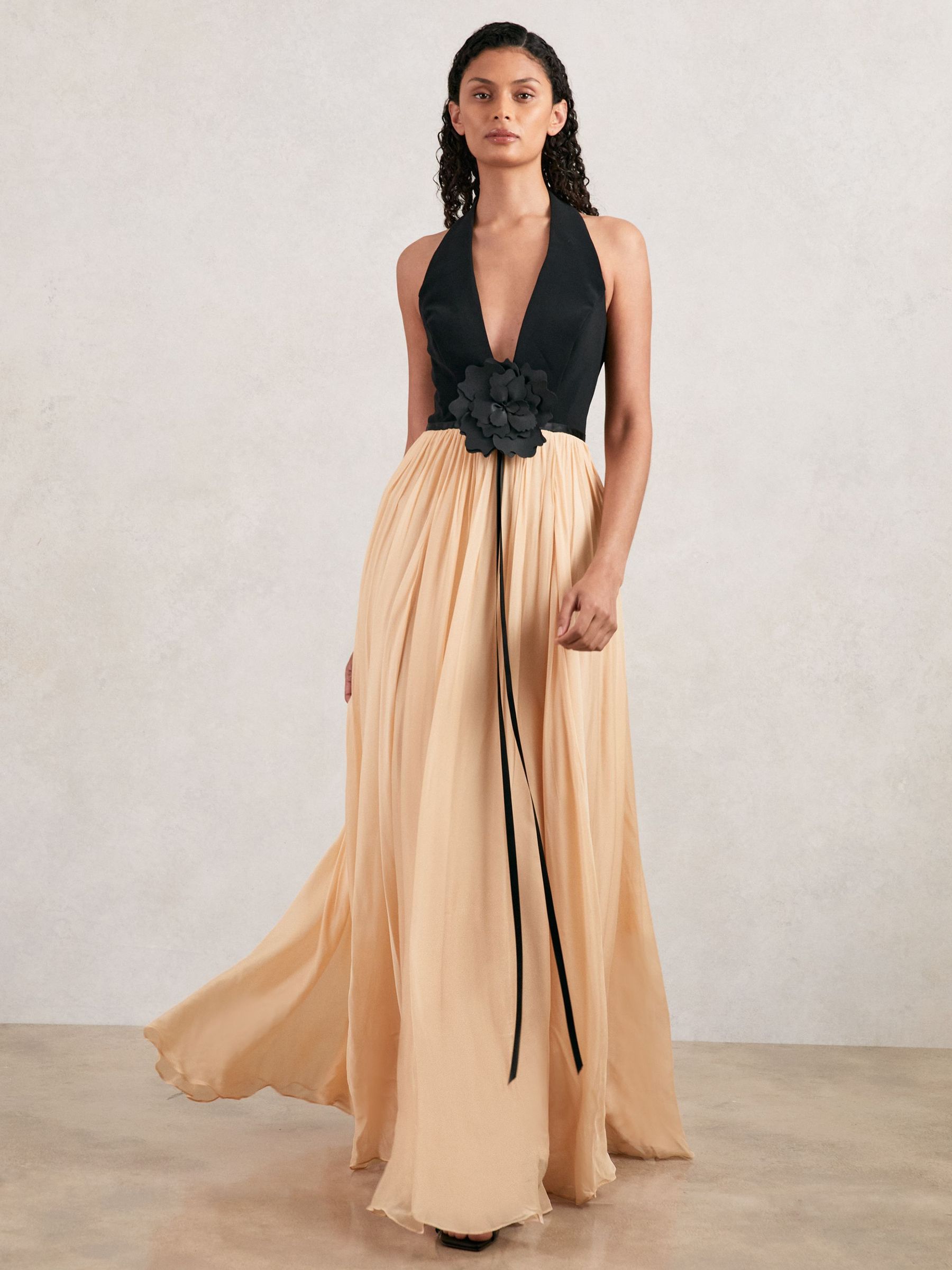Halston Crepe and Chiffon Maxi Dress in Black/Ivory (F47011) | $2,140