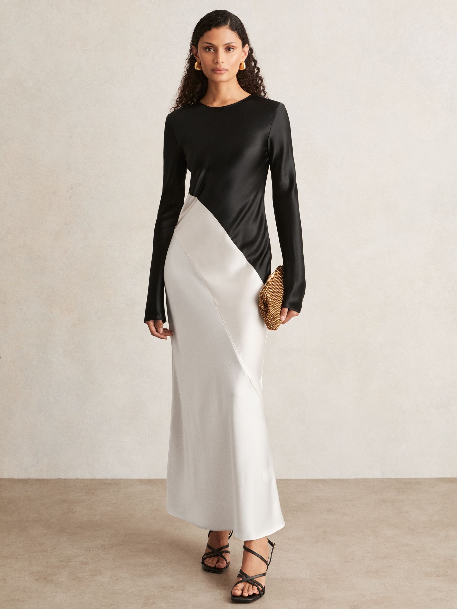 Acler Satin Colour Block Midi Dress in Ivory/Black (F47015) | US$875