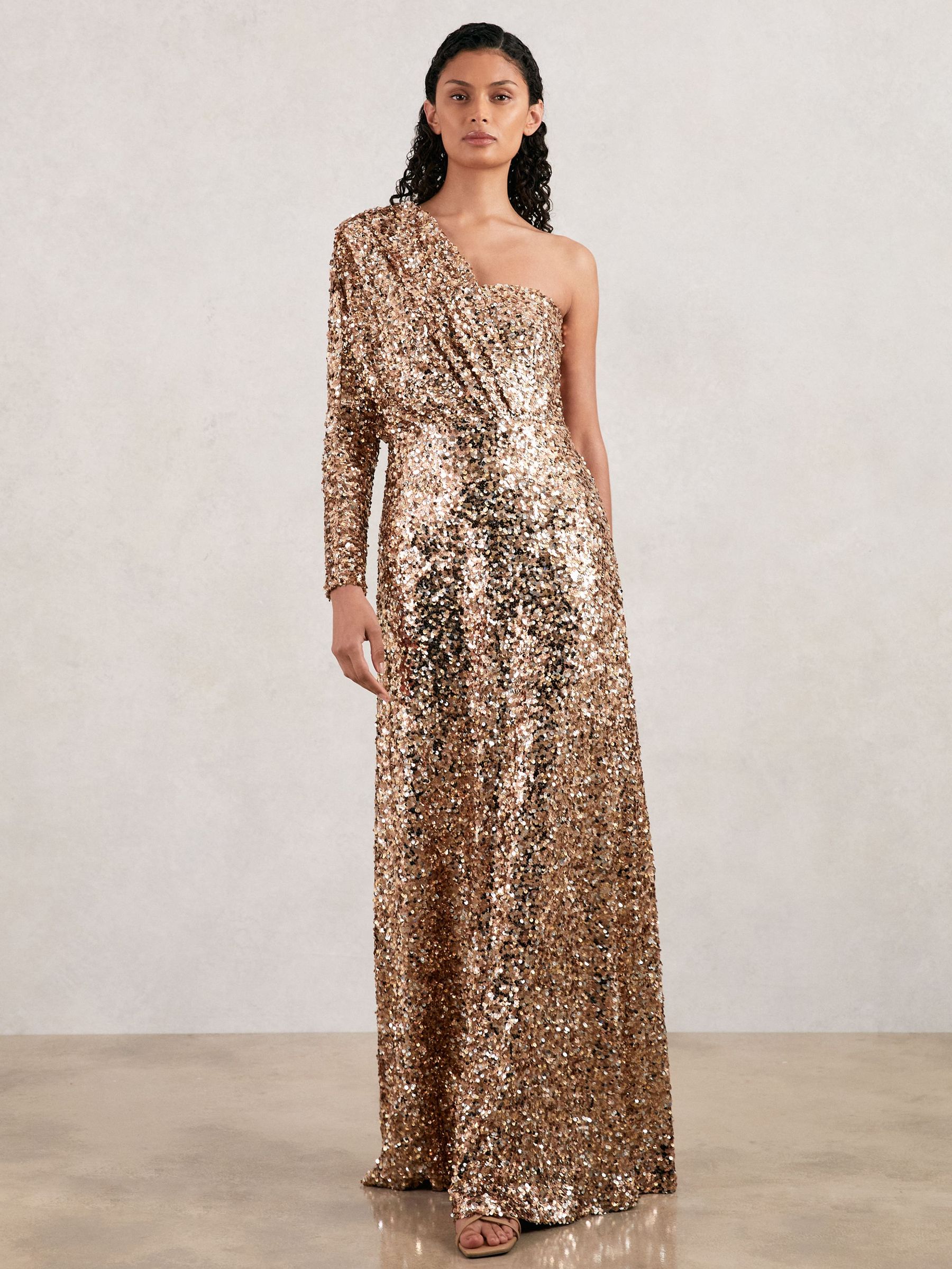 Halston Sequin One Shoulder Maxi Dress in Gold (F47016) | €910