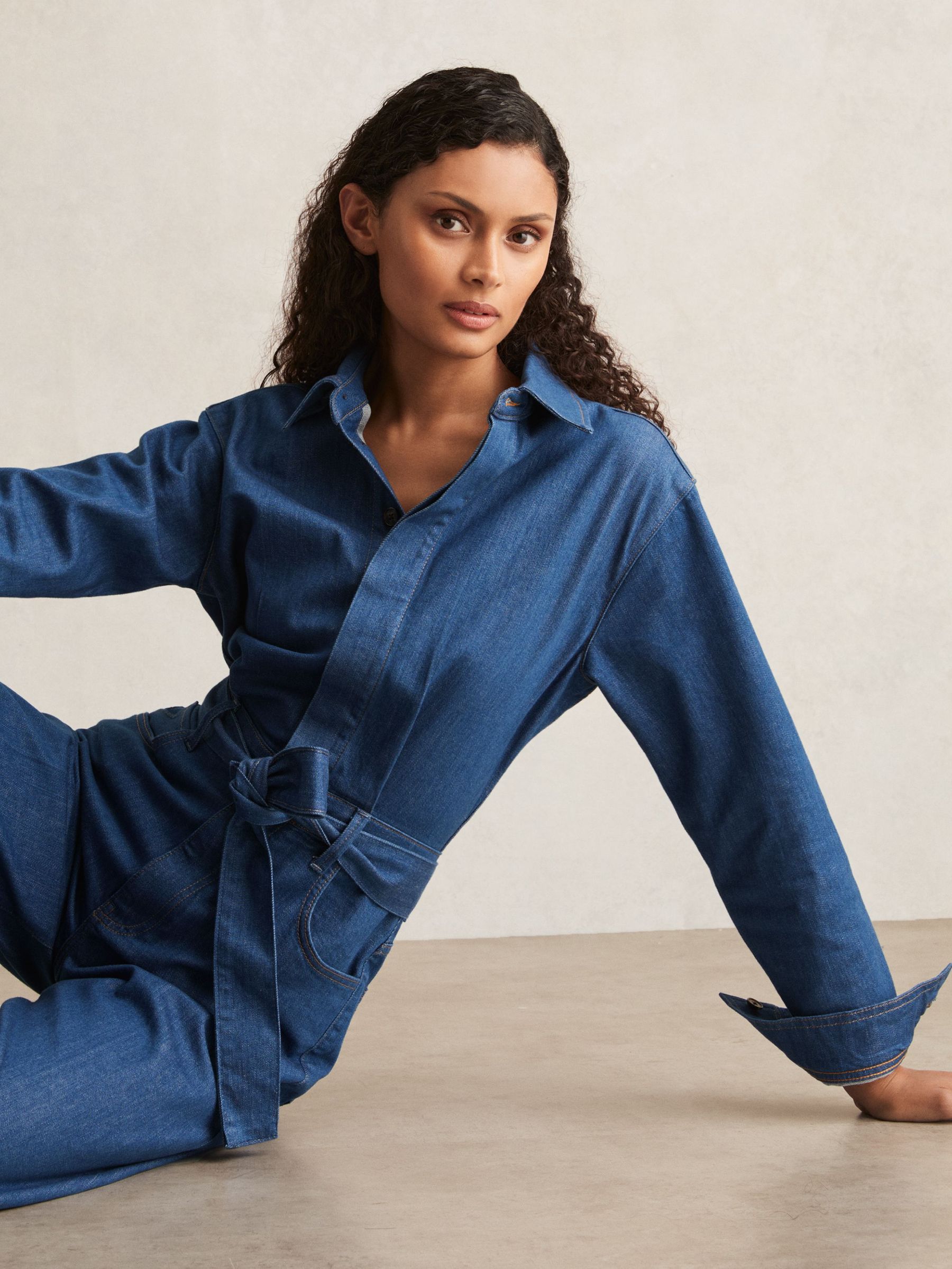 Paige Maraya Blue Wide Leg Belted Denim Jumpsuit in Maraya Blue (F47039) | €670