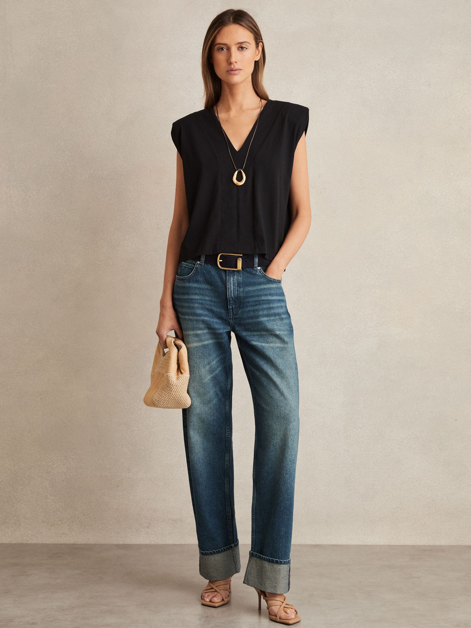 Shoulder-Pad 100% Cotton V-Neck Top in Black (F48716) | €50