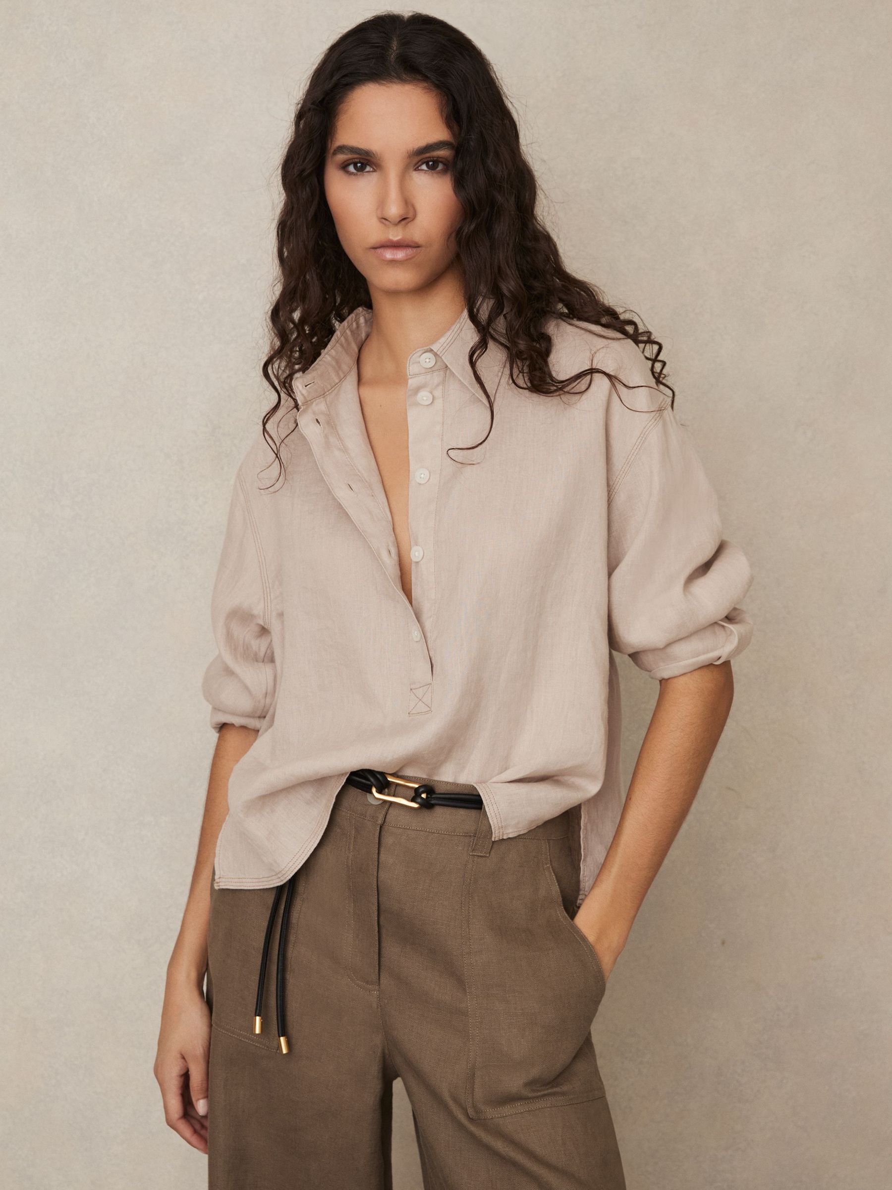 Linen Overhead Open-Collar Shirt in Neutral (F49723) | US$180
