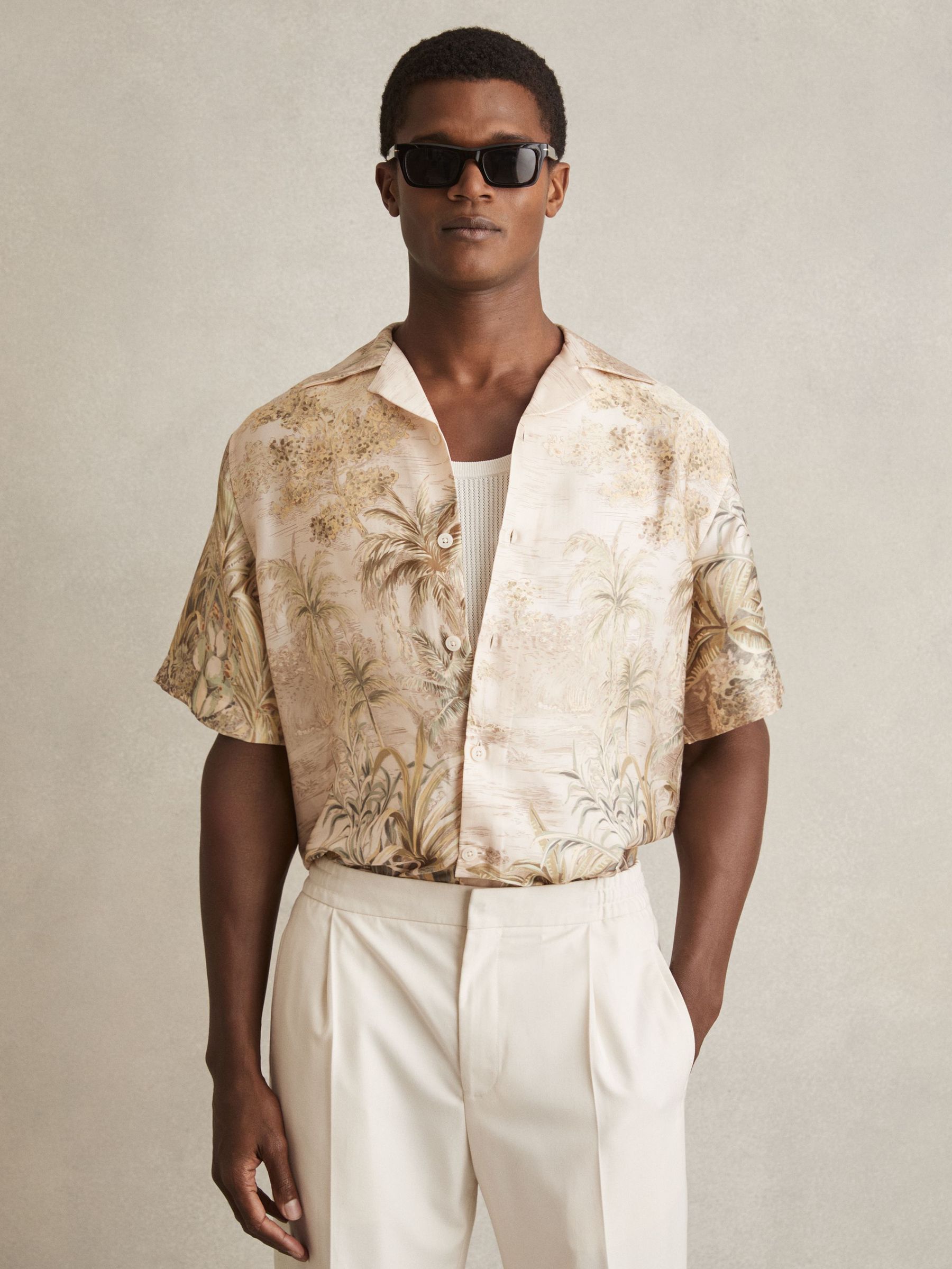 Jungle Print Cuban-Collar Shirt in Soft Sage Green (F51284) | €185
