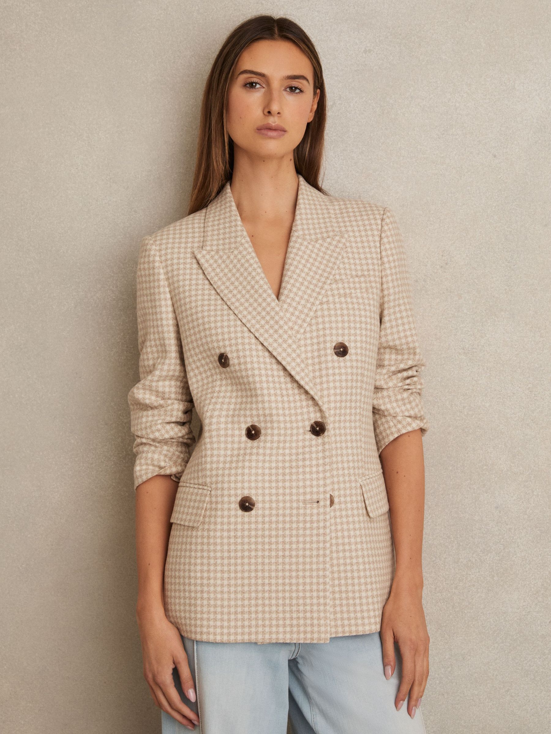 Petite Double Breasted Check Blazer With Wool in Neutral Check (F51286) | €425
