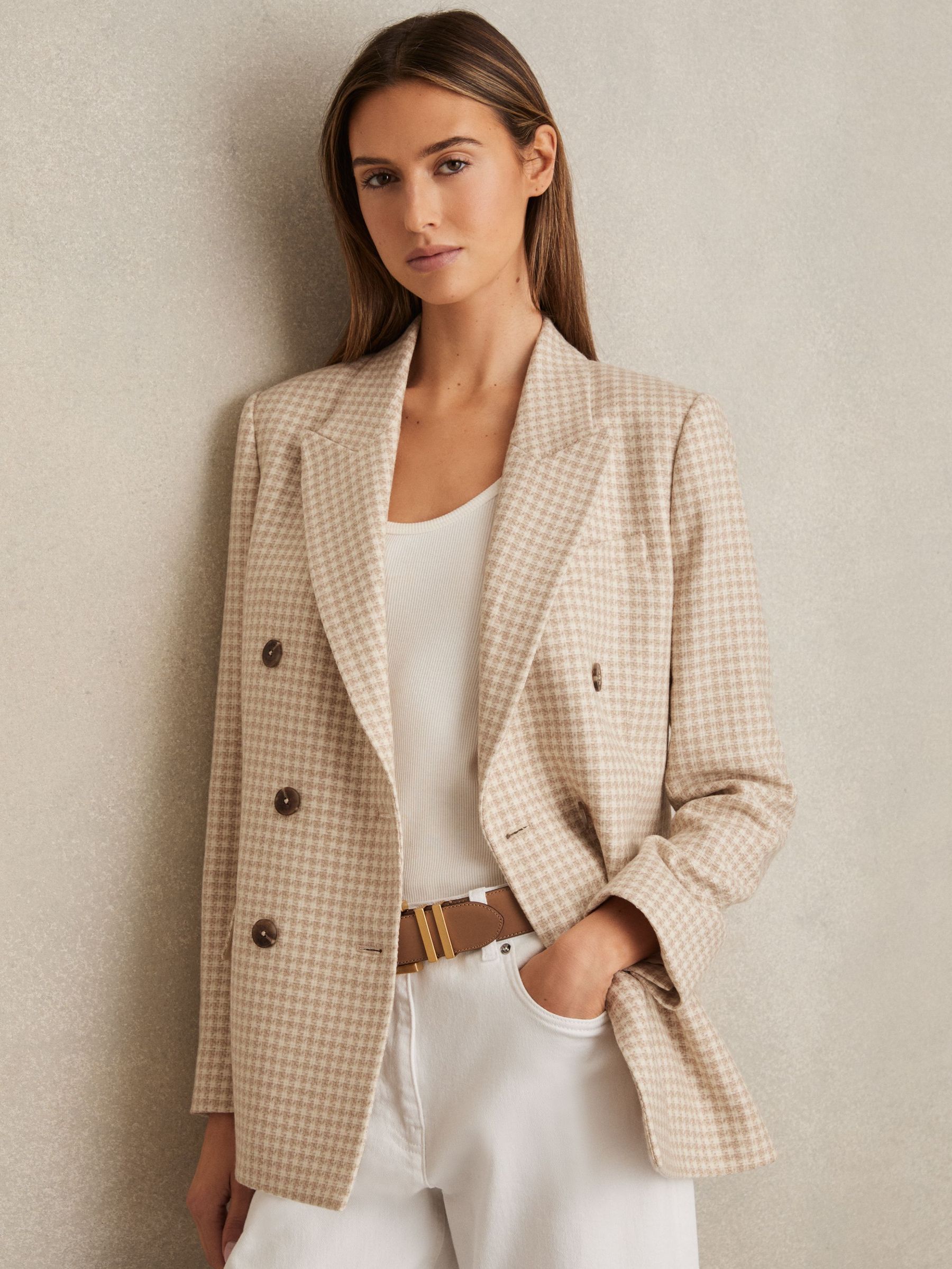 Double Breasted Check Blazer With Wool in Neutral Check (F51293) | €425