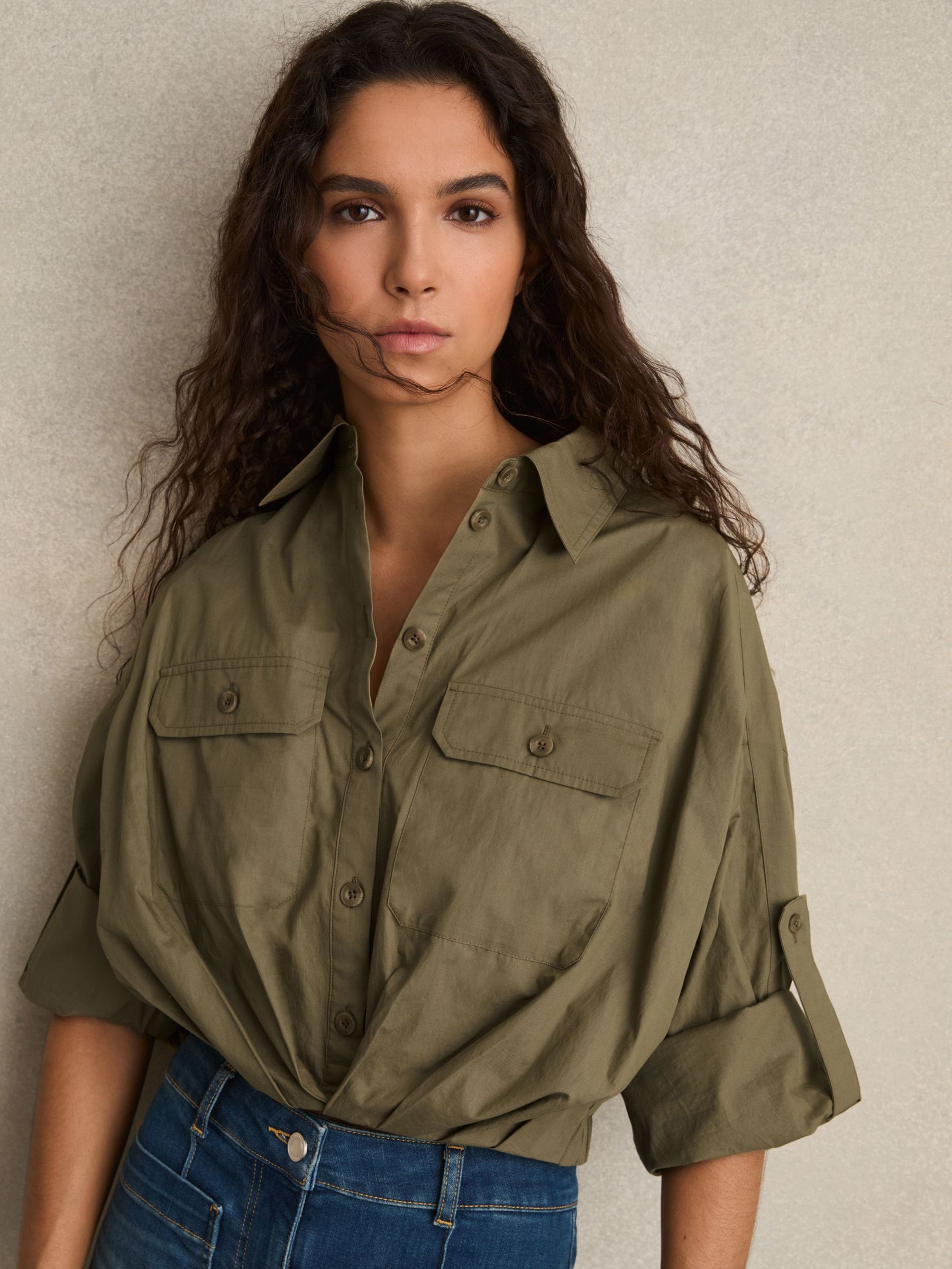 Pleat-Hem Cropped Shirt in Khaki (F51297) | US$215