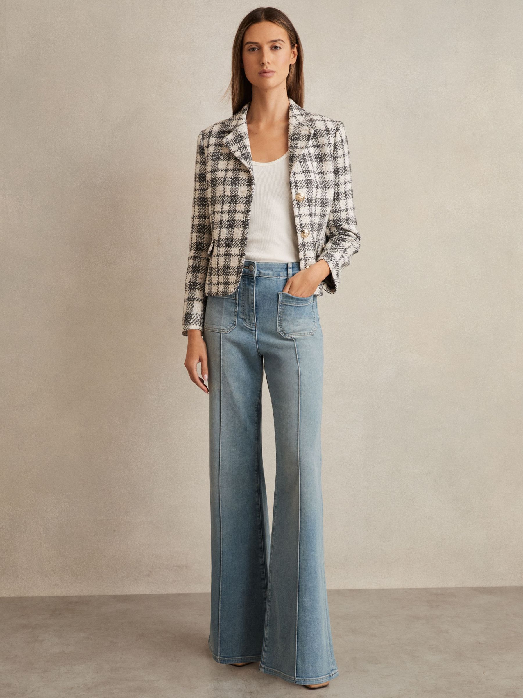 Cotton Blend Check Cropped Jacket in Grey Check (F51299) | €425