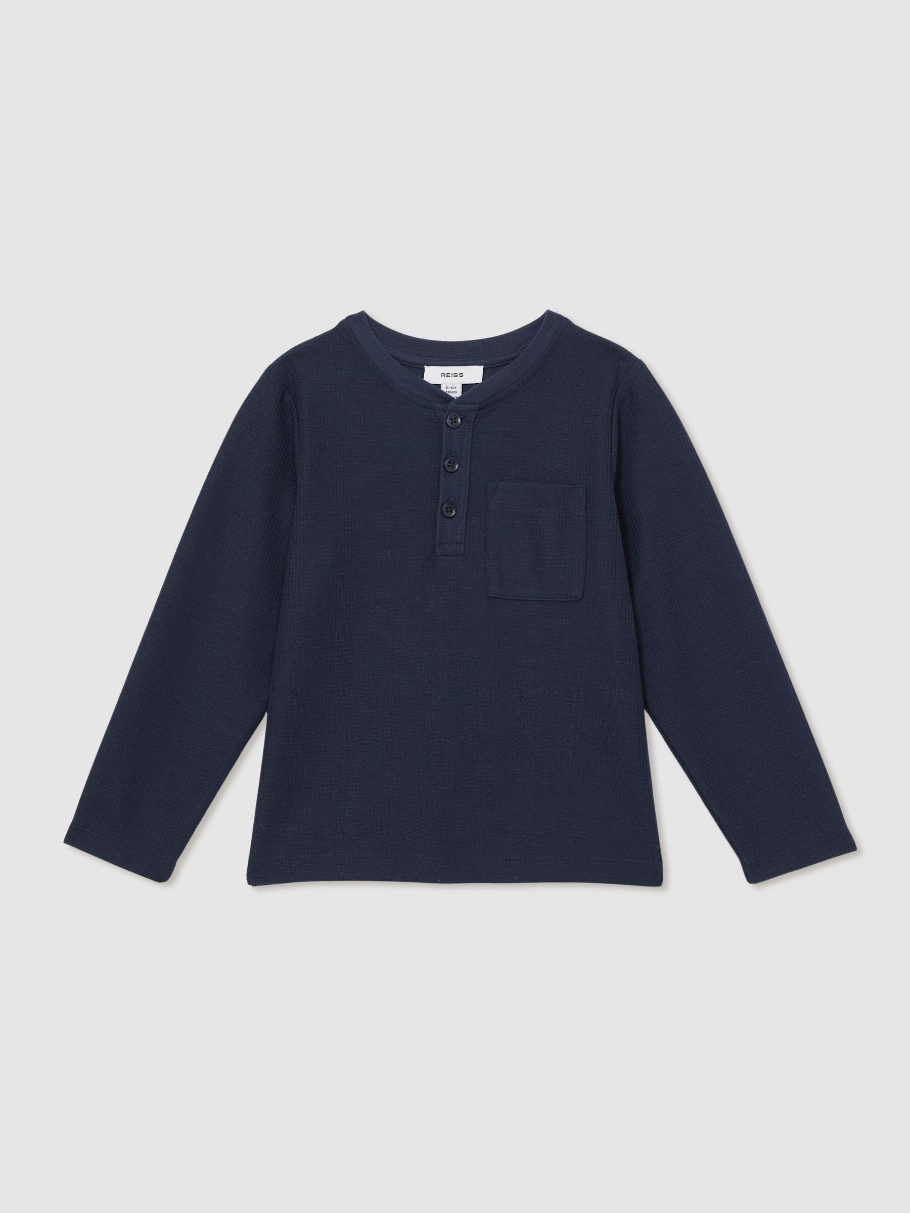 13-14 yrs Cotton-Blend Waffle Henley T-Shirt in Navy (F52314) | DKK265