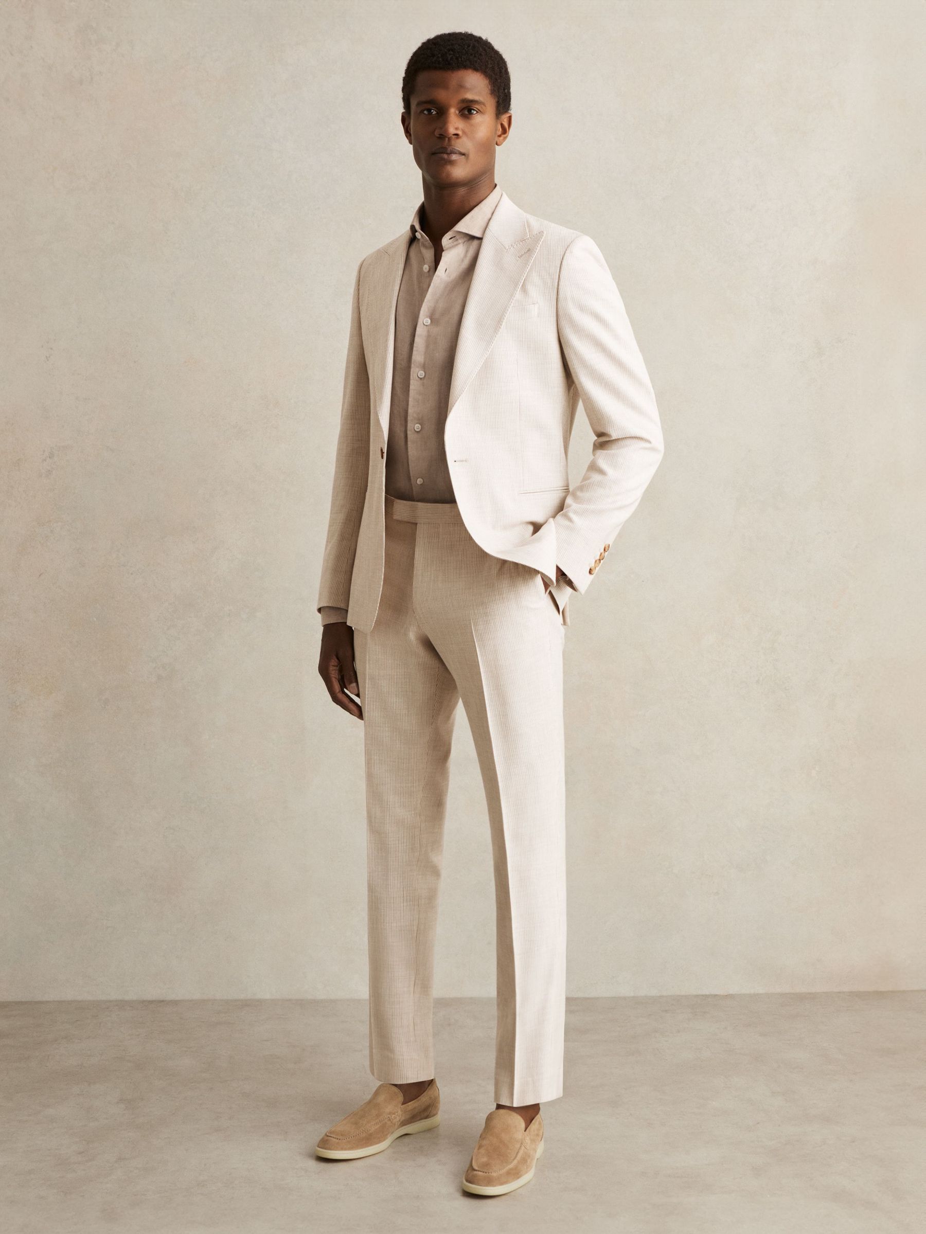 Slim-Fit Pinstripe Suit Trousers in Oatmeal/White (F57881) | US$270
