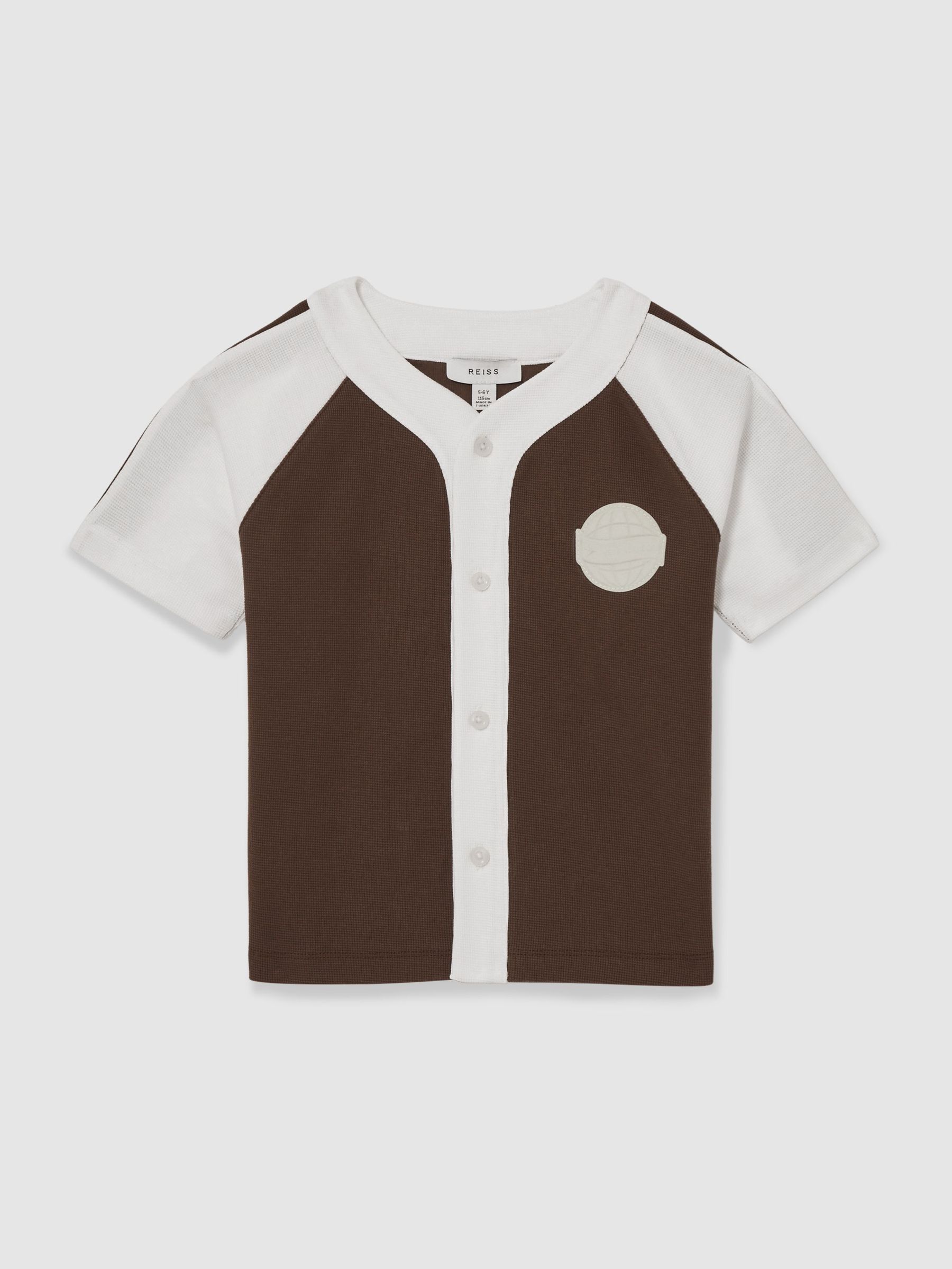 13-14 yrs Cotton Waffle-Knit Badge Shirt in Chocolate Brown / Off White (F57892) | US$70