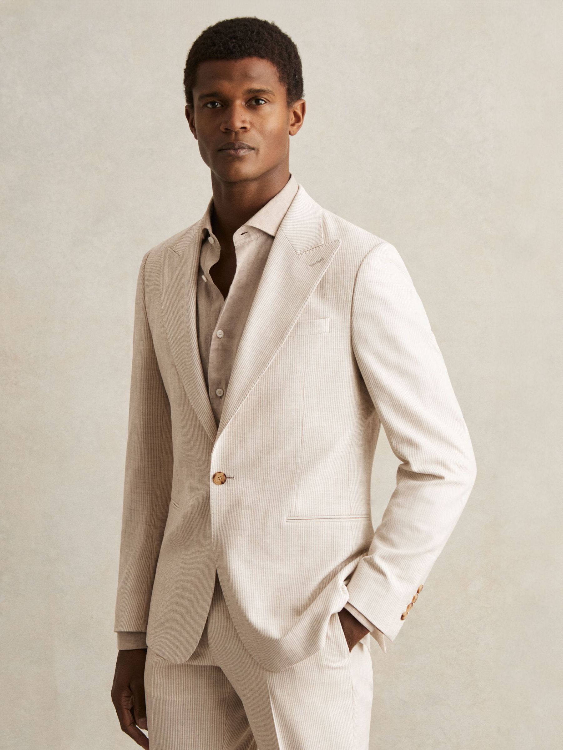 Slim Fit Single Breasted Pinstripe Suit Blazer in Oatmeal/White (F57922) | €470