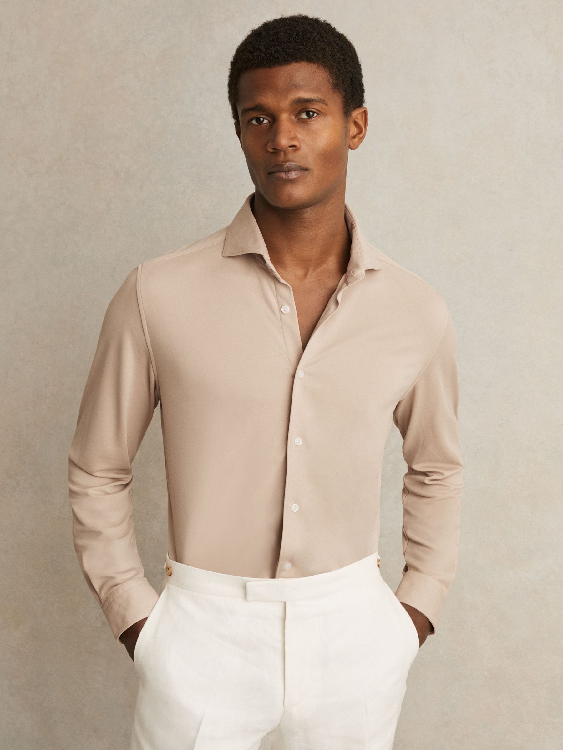 Modal-Blend Cutaway-Collar Shirt Regular-Fit in Stone (F60559) | US$160