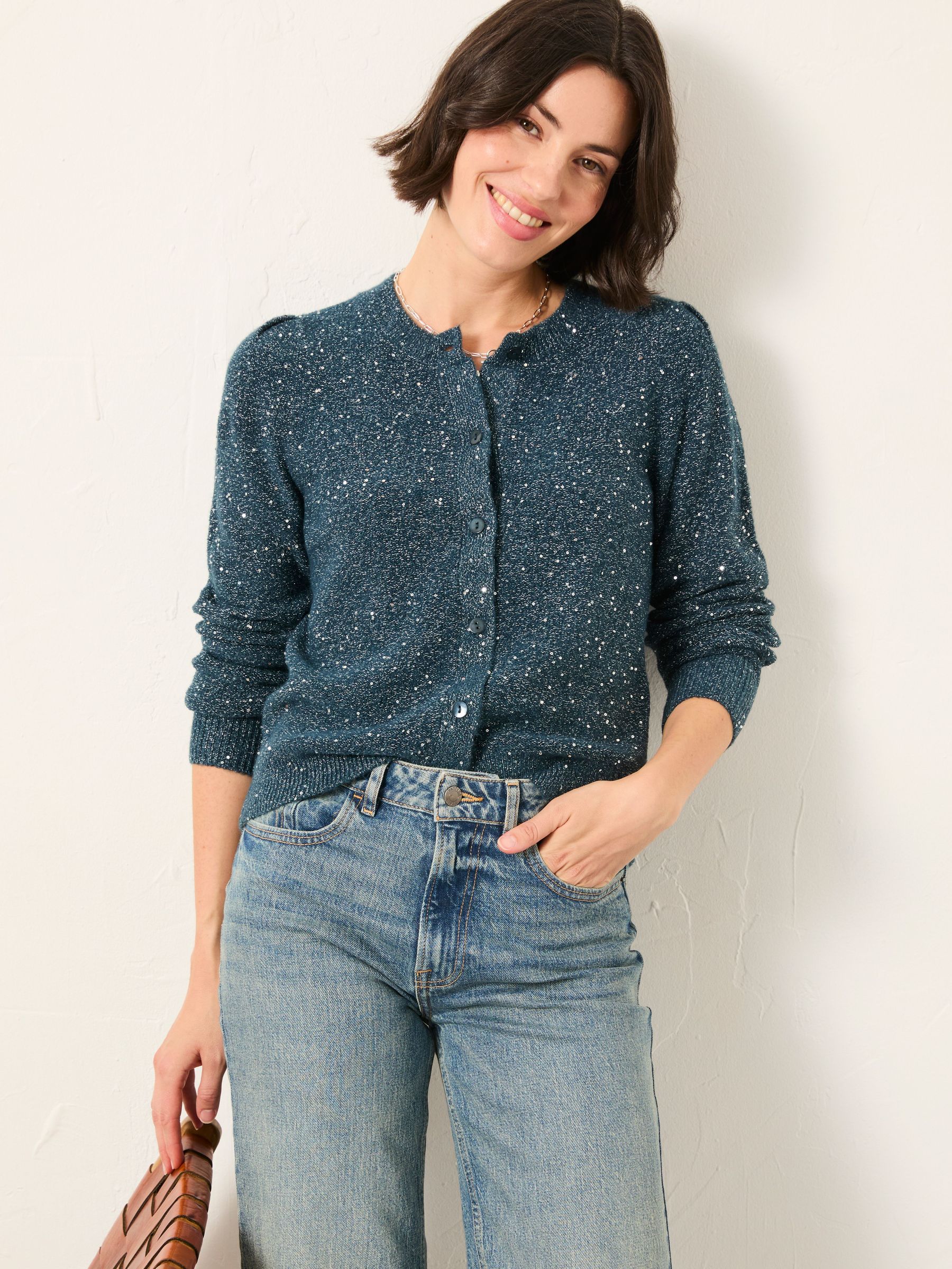 Jasmine Teal Blue Sparkle Knitted Cardigan (F60586) | $100