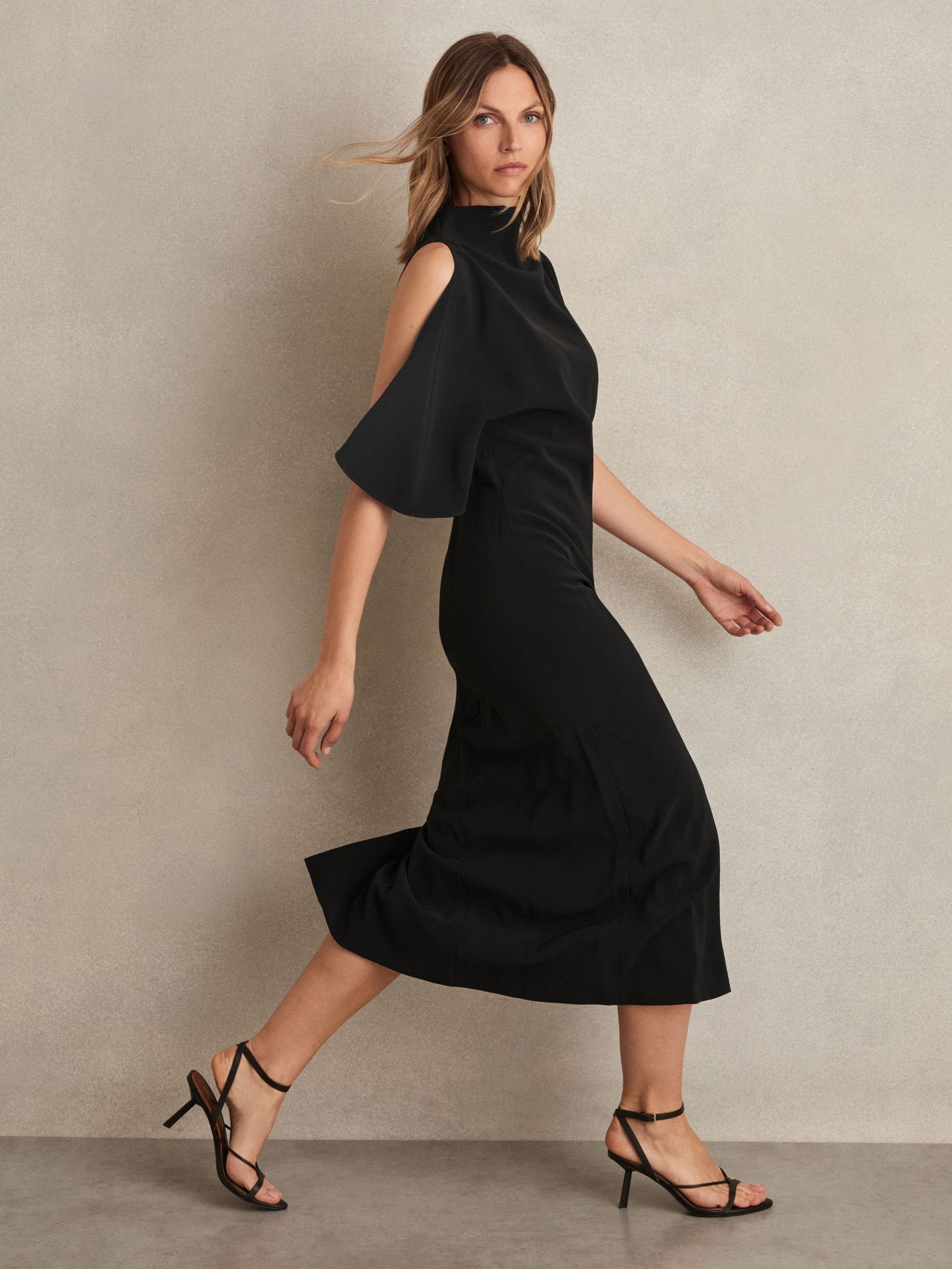 Draped-Front High-Neck Midi Dress in Black (F61537) | $395