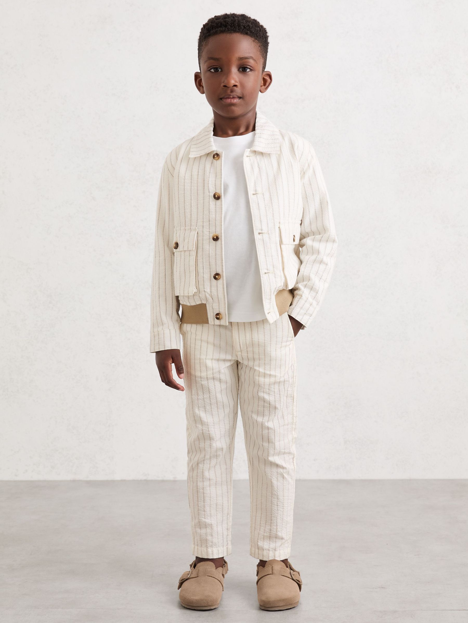 9-13 yrs Cotton Pinstripe Harrington Jacket in Off White/Taupe Brown (F61538) | CA$120
