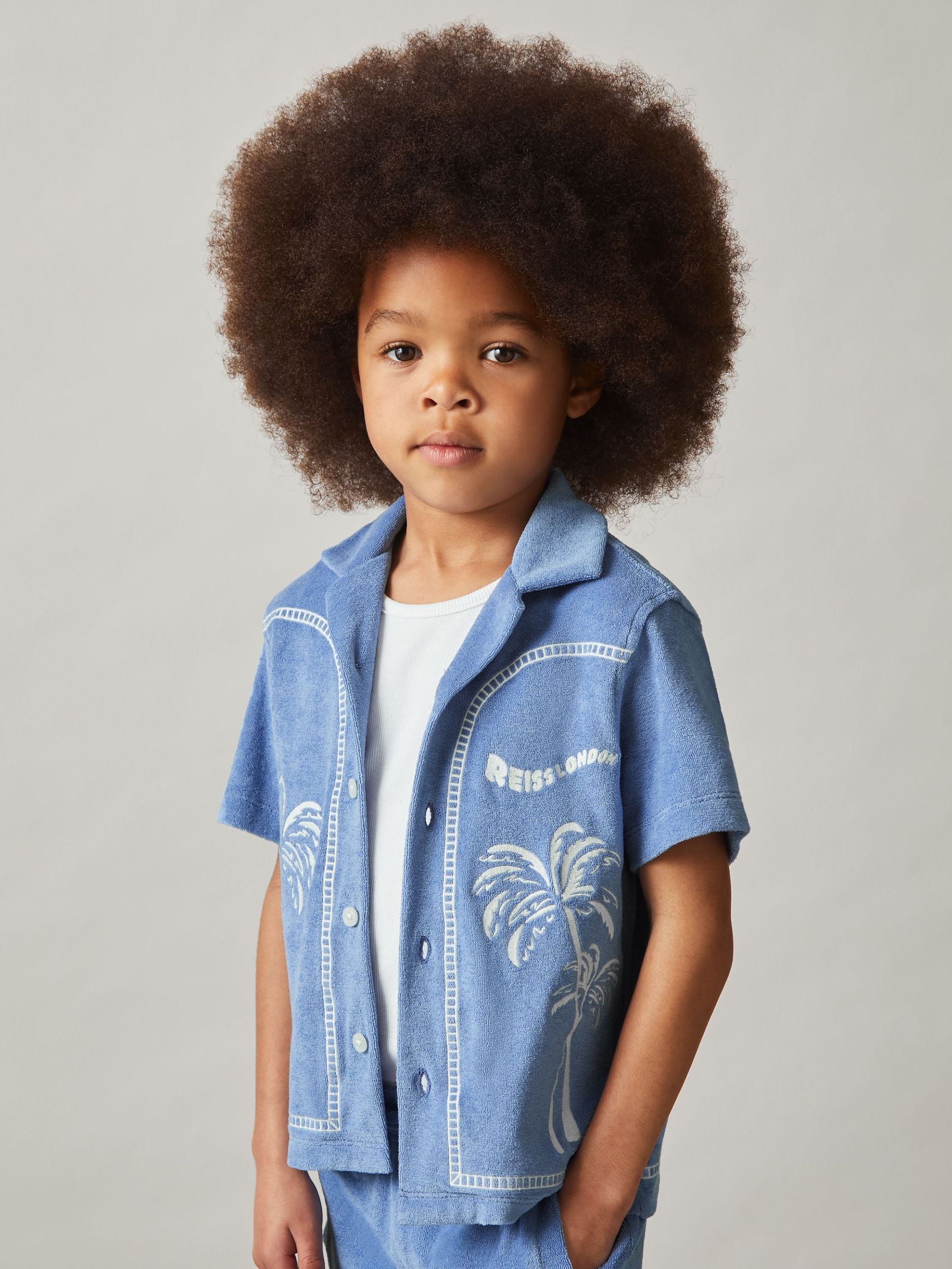 Towelling Palm-Embroidered Shirt in Airforce Blue (F61540) | €60