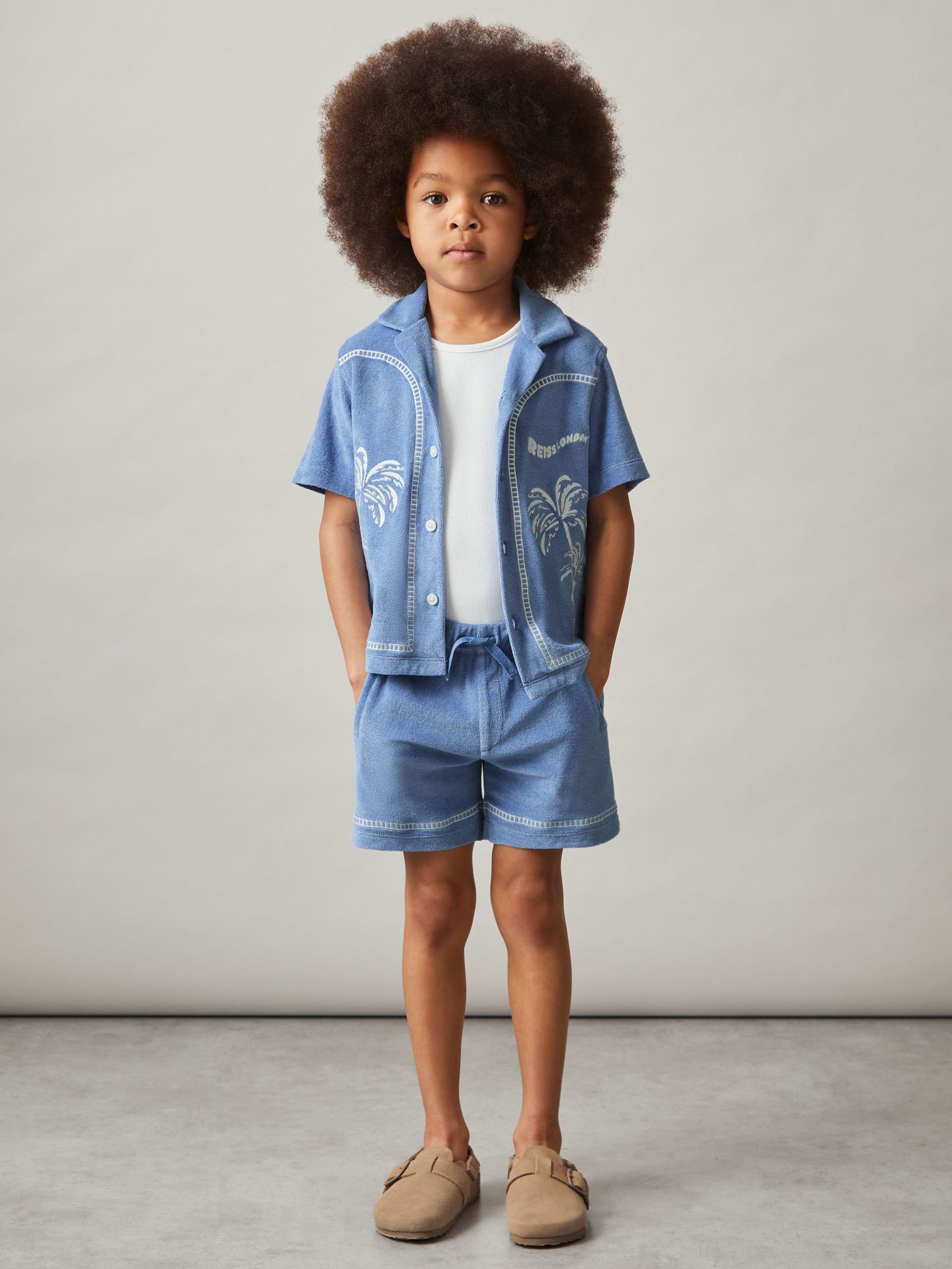 Towelling Palm-Embroidered Shirt in Airforce Blue (F61552) | €65