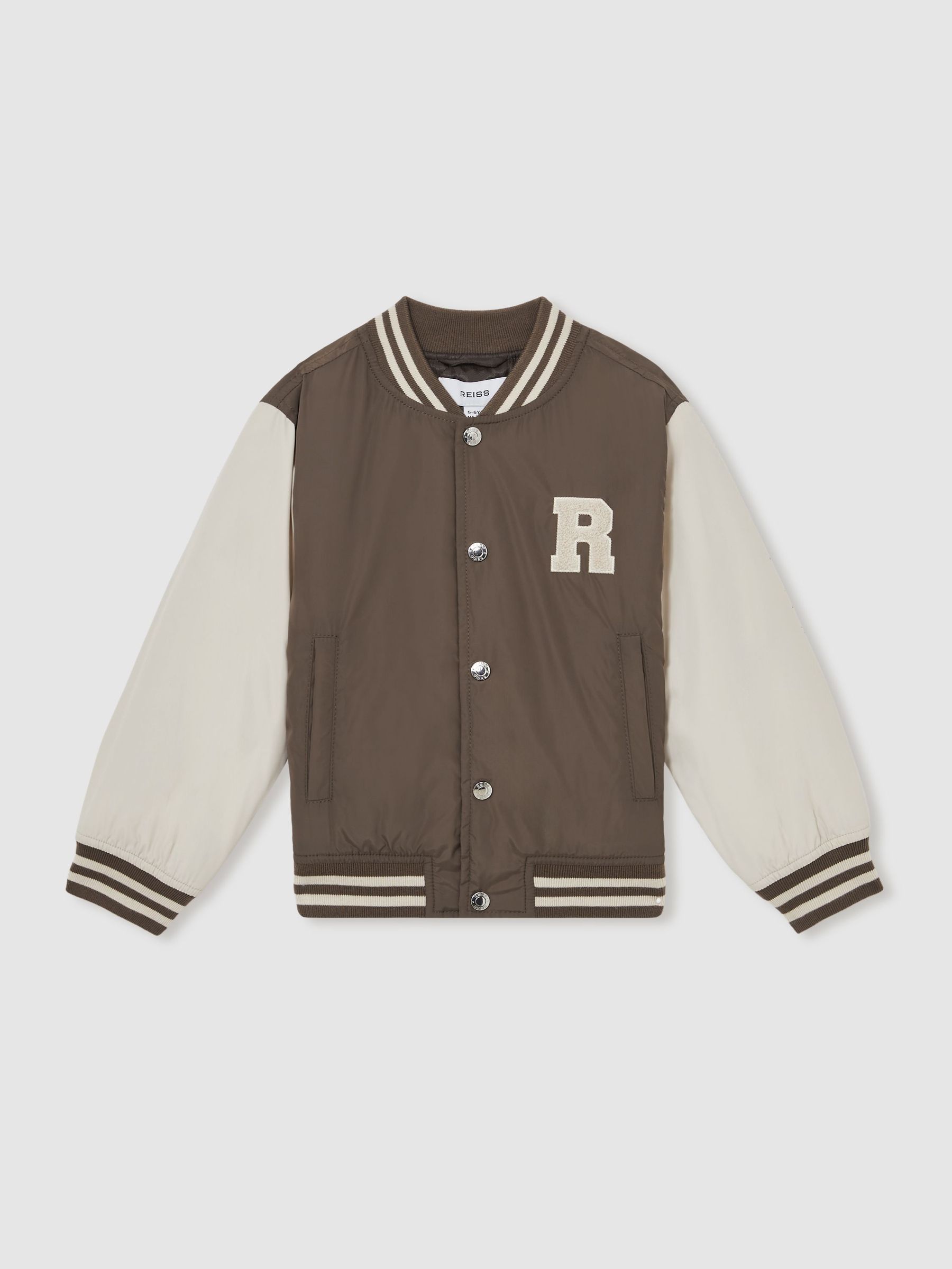 Colourblock Varsity Bomber Jacket in Mink Brown/Off White (F61555) | US$110