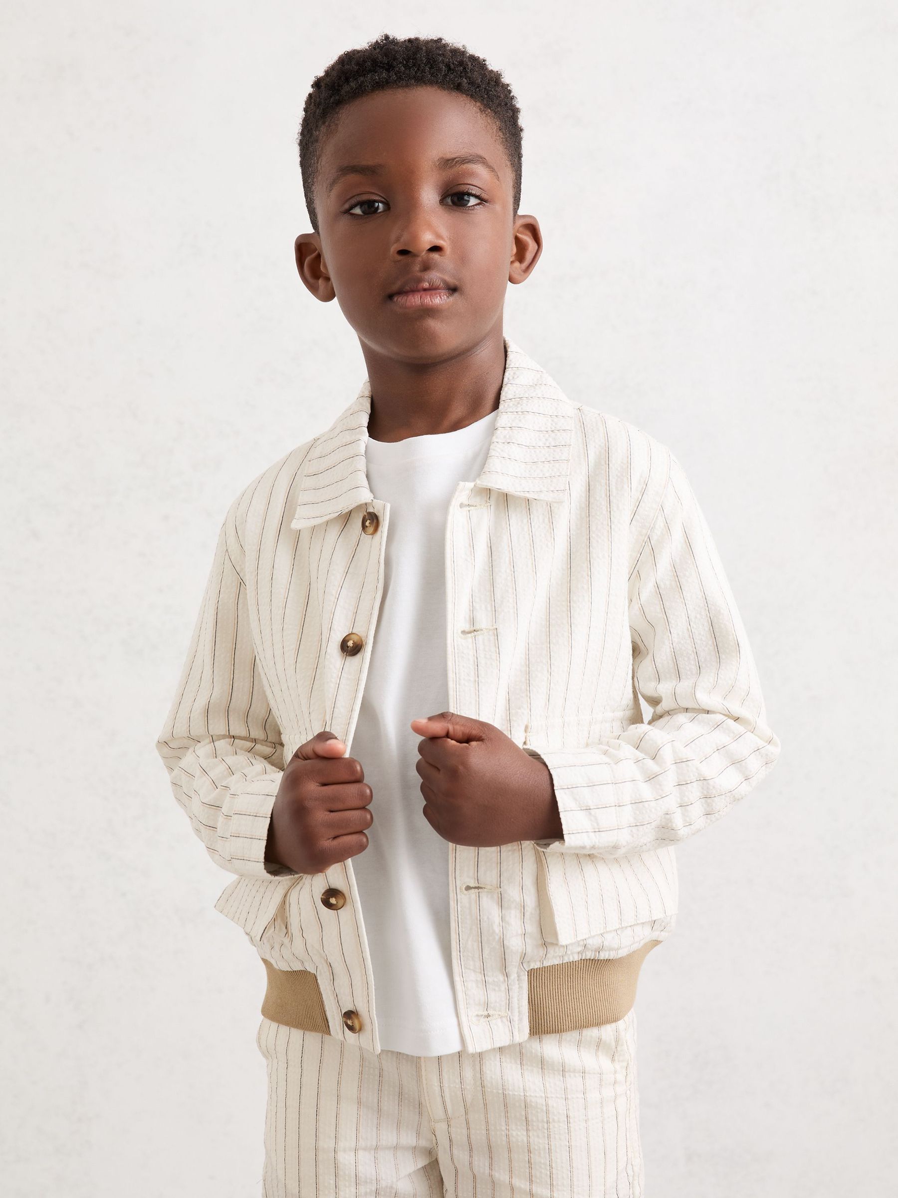 3-9 yrs Cotton Pinstripe Harrington Jacket in Off White/Taupe Brown (F61571) | $95