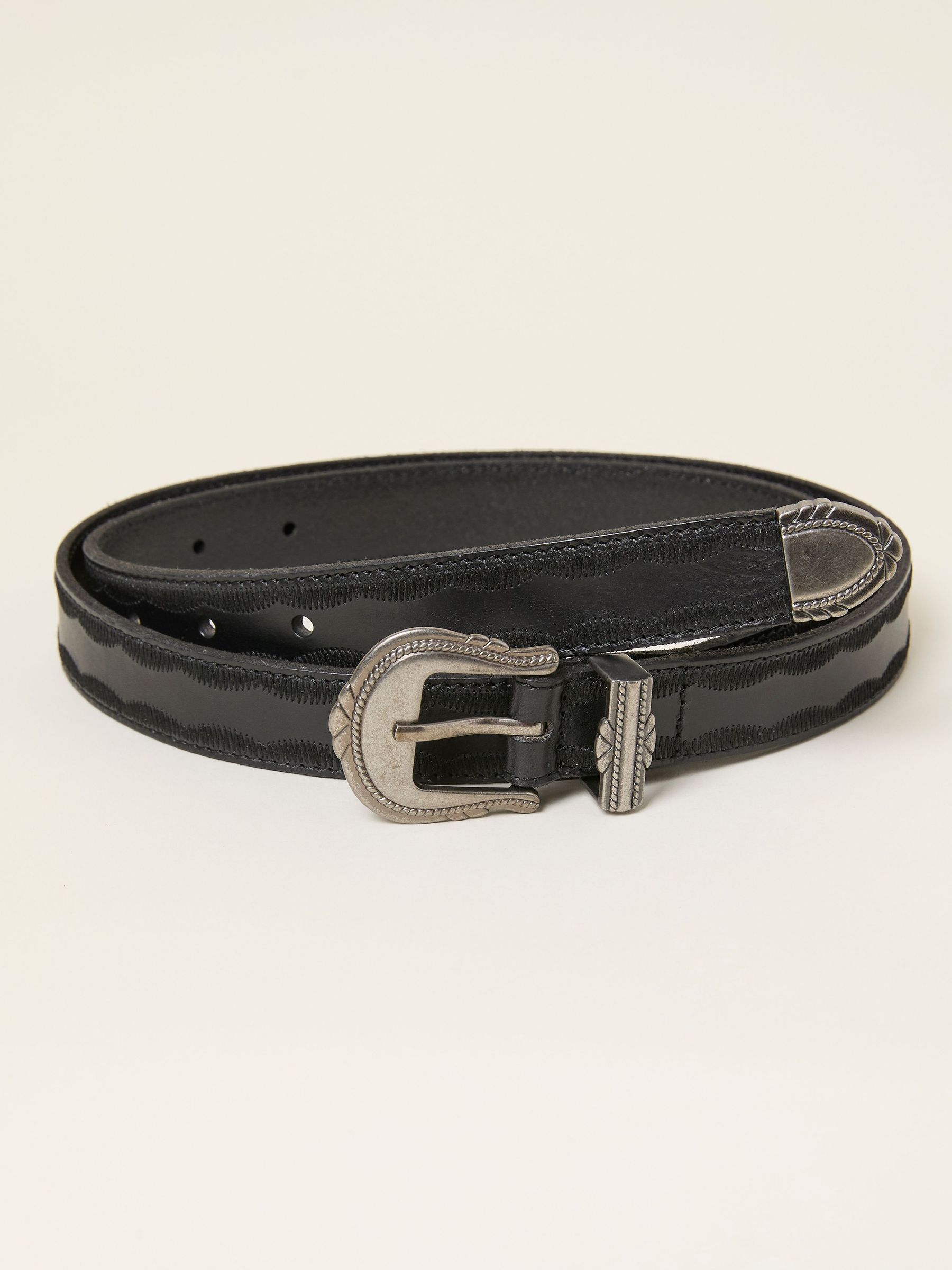 Black Western Detail Leather Belt (F63033) | $48