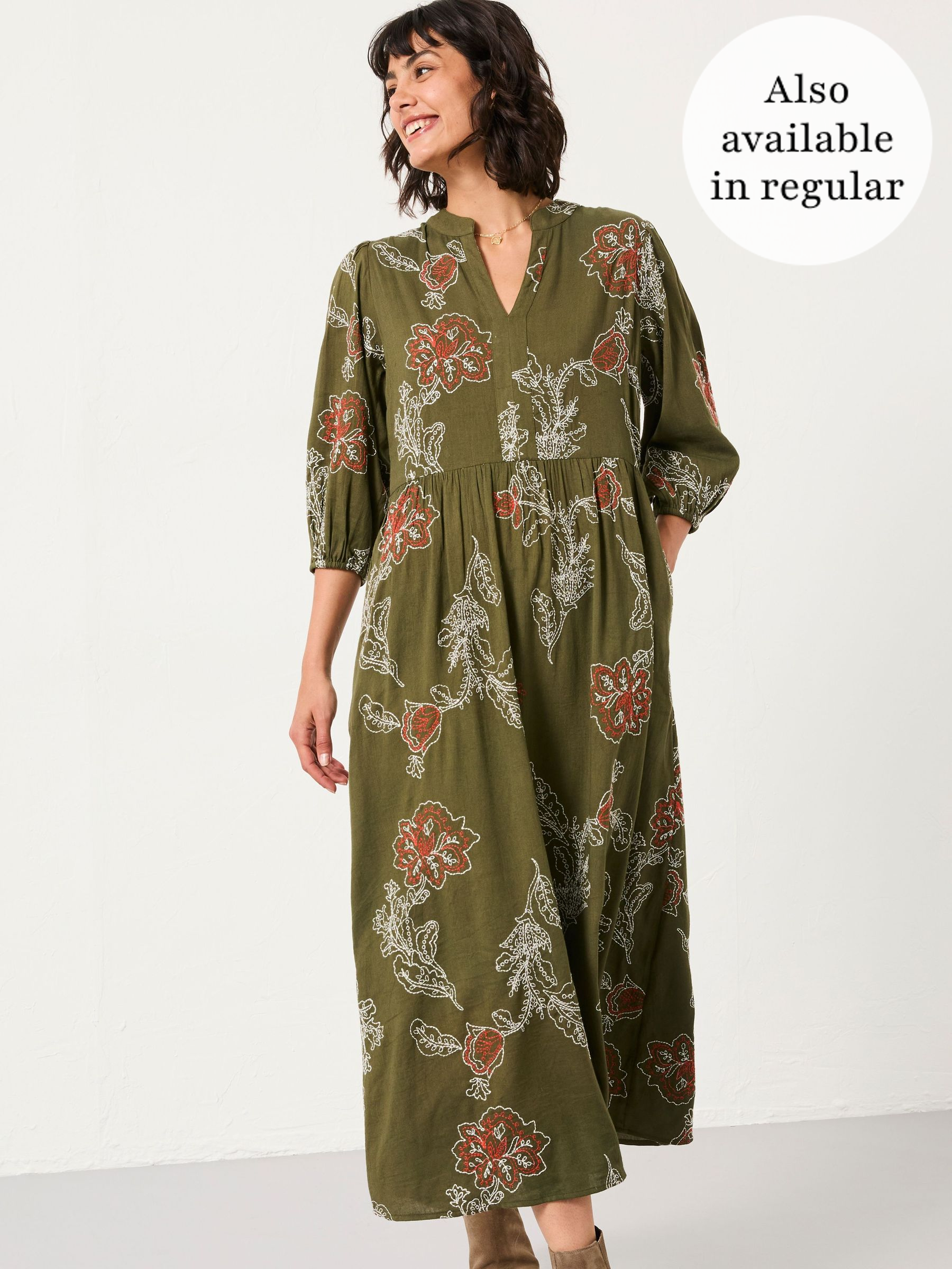 Vivienne Olive Green Petite Embroidered Midi Dress (F64154) | $136