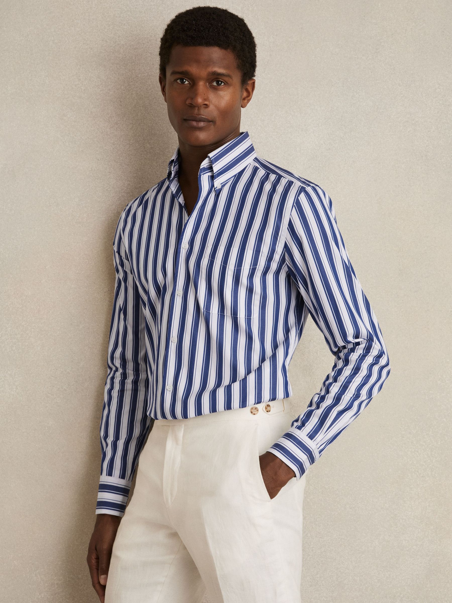 Cotton Stripe Button-Down Shirt Regular-Fit in White/Blue (F67121) | €145