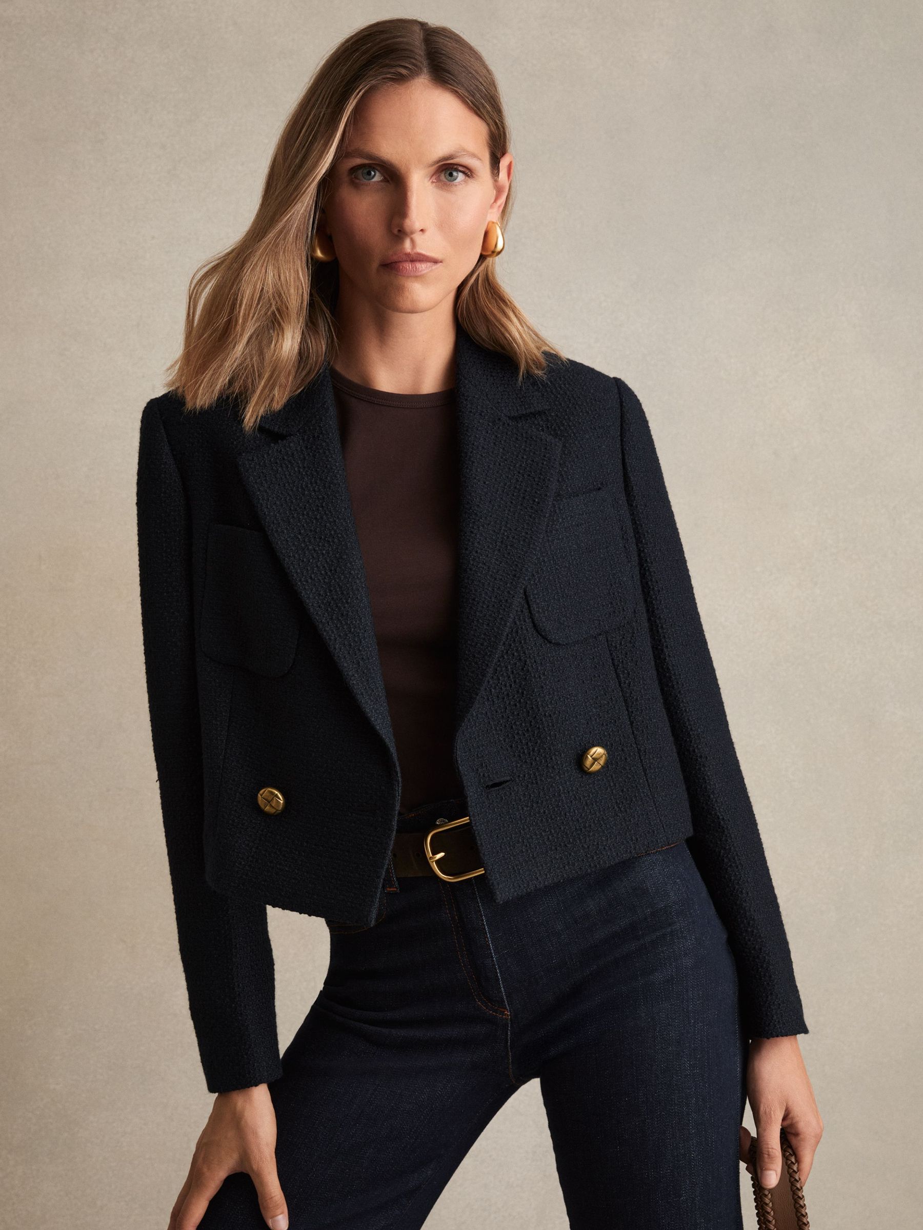 Double-Breasted Textured Cropped Blazer with Wool and Cotton in Navy (F67122) | US$390