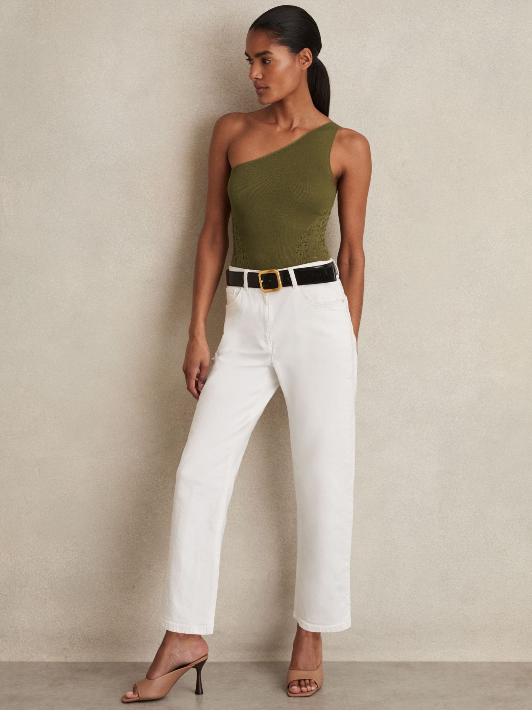 Lace-Knit Detail One-Shoulder Bodysuit in Green (F67127) | US$180