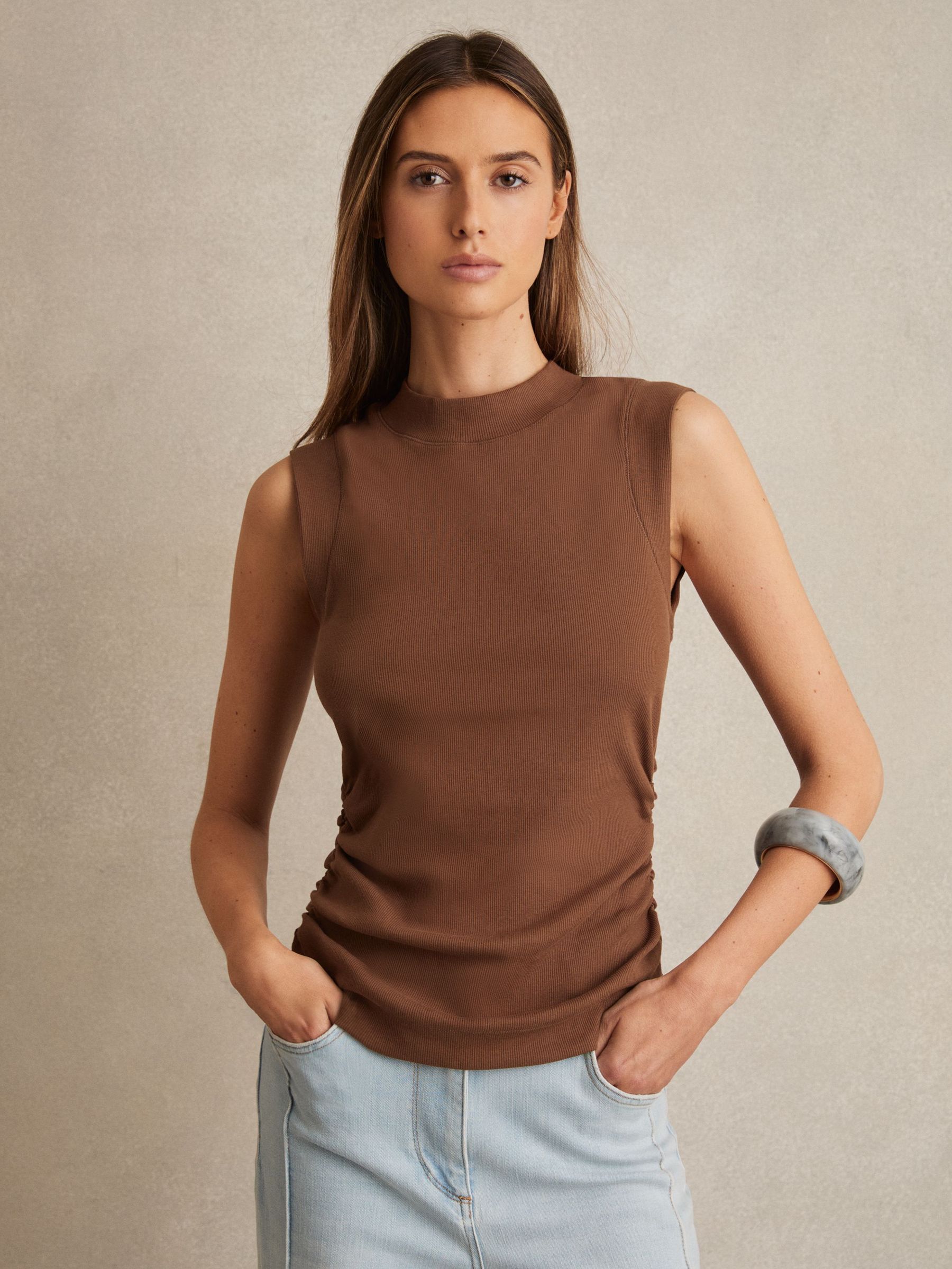 Ribbed Ruched Waist Vest in Toffee Brown (F67624) | €55