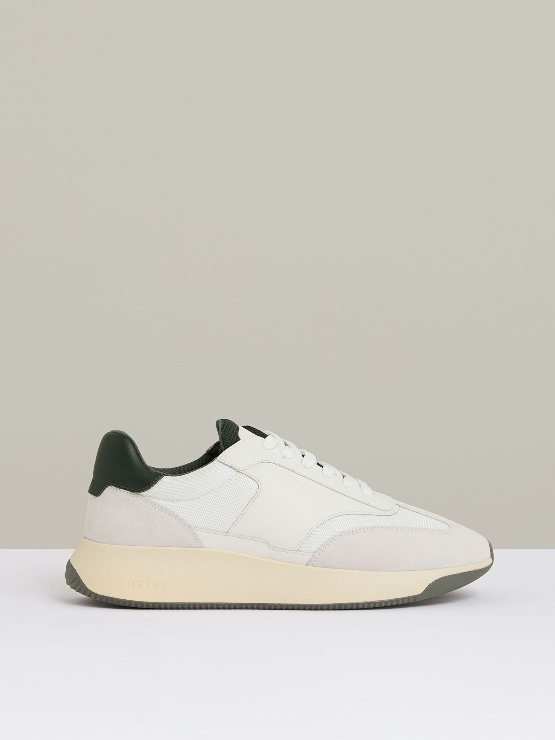 Leather And Suede Running Trainers in Off White/Green (F67634) | US$240