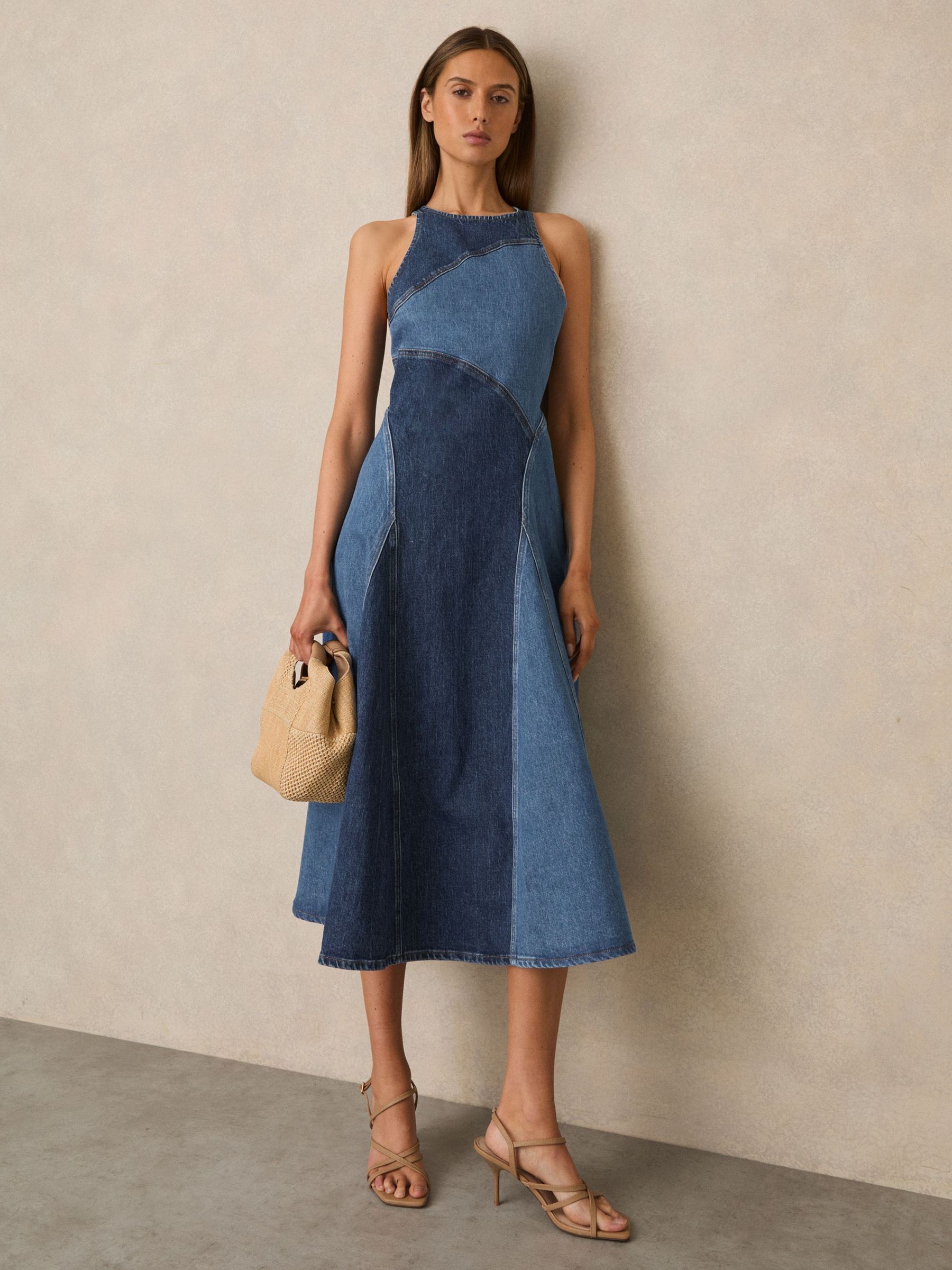 Patchwork Chambray Midi Dress in Blue (F67635) | €245