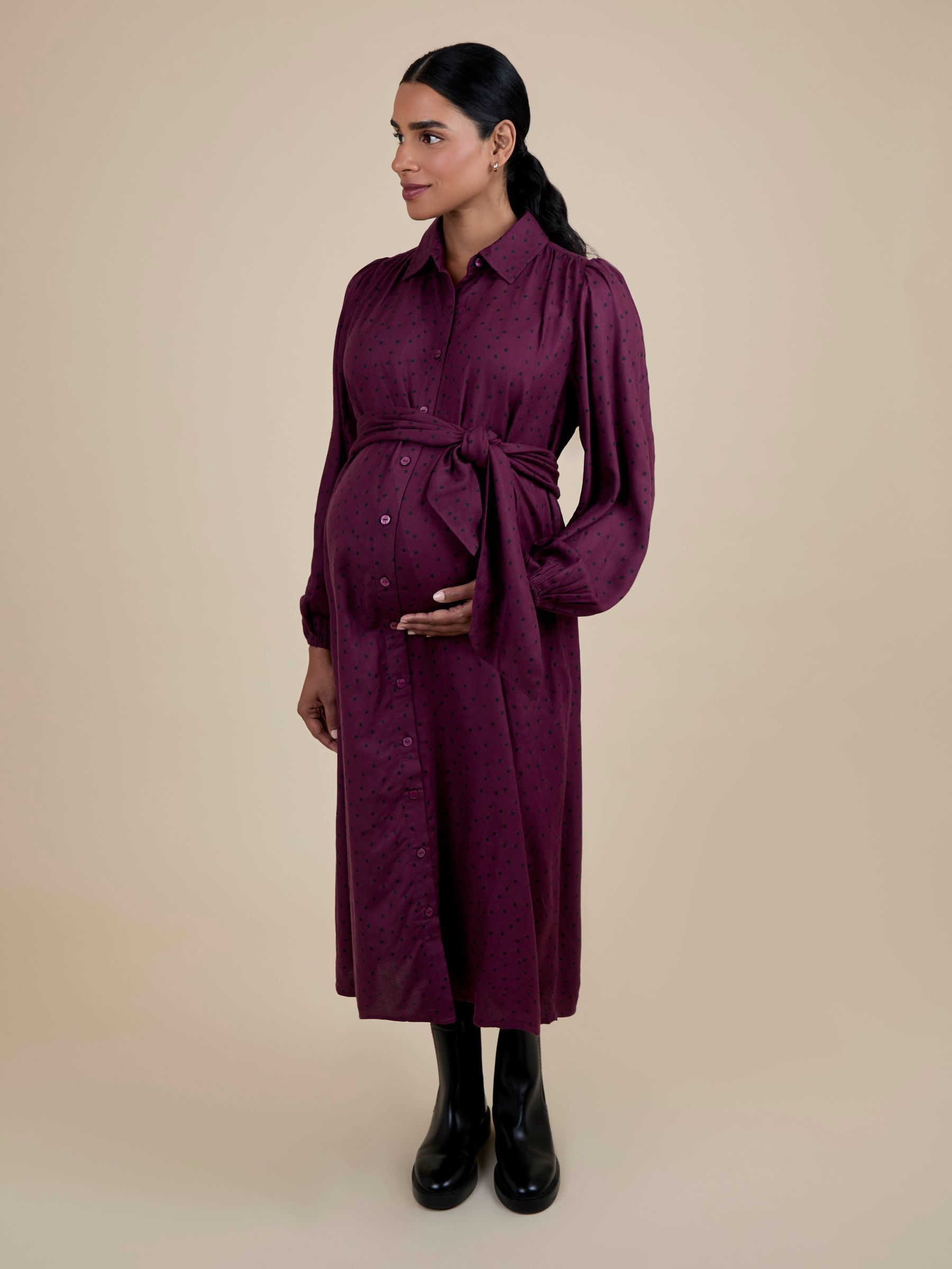 Red Spot Maternity Midi Shirt Dress With Tie (F67639) | $85
