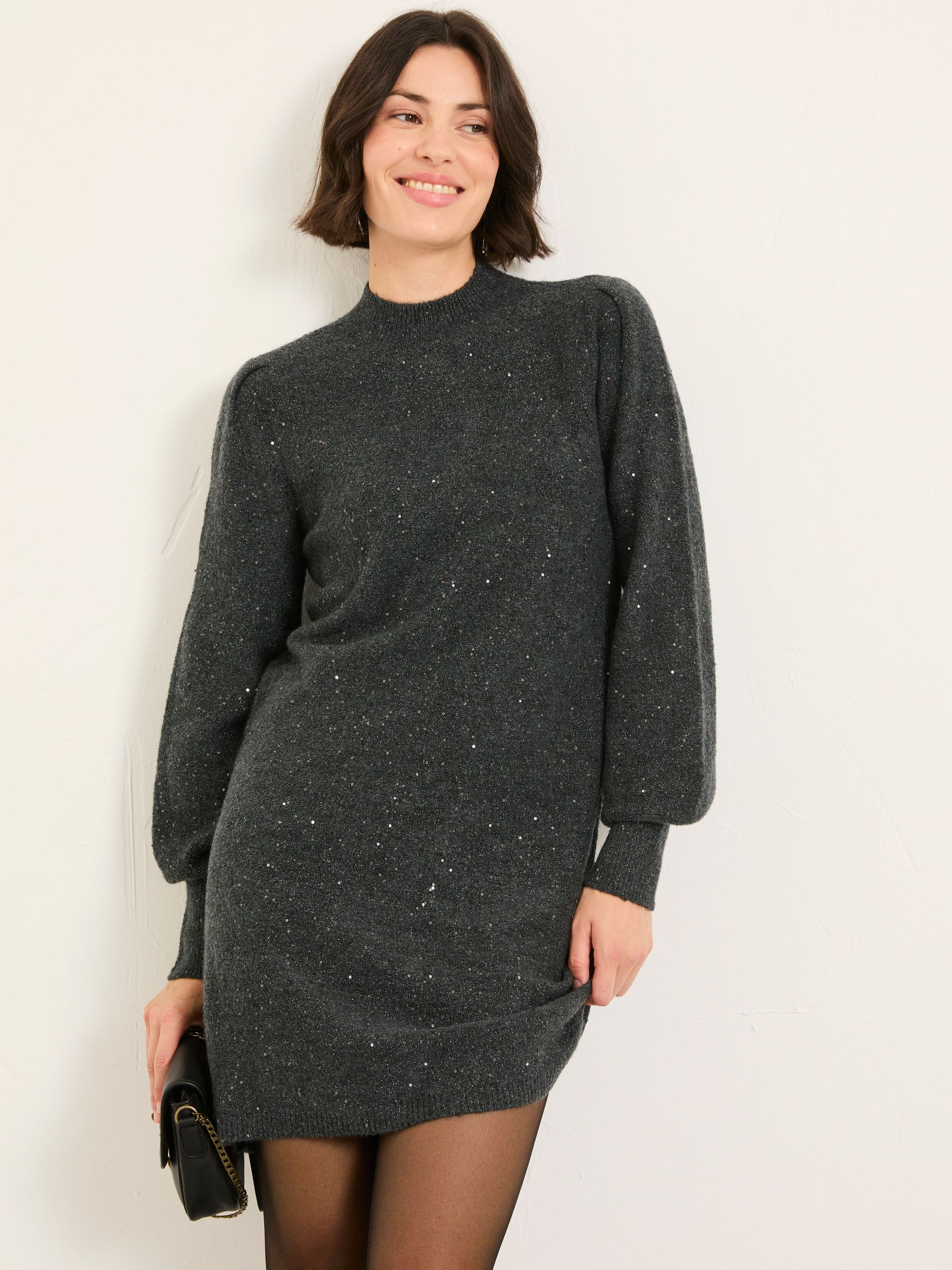 Charcoal Grey Petite Sparkle Knit Dress (F69005) | $119
