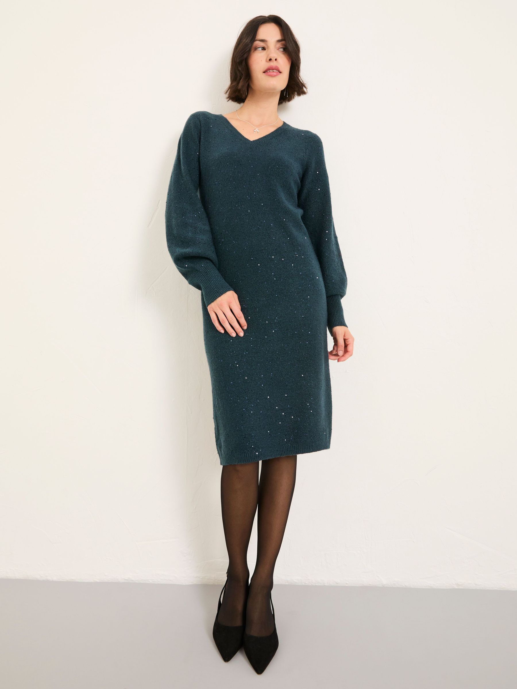 Teal Blue Petite Sparkle Knit Midi Dress (F69009) | $119