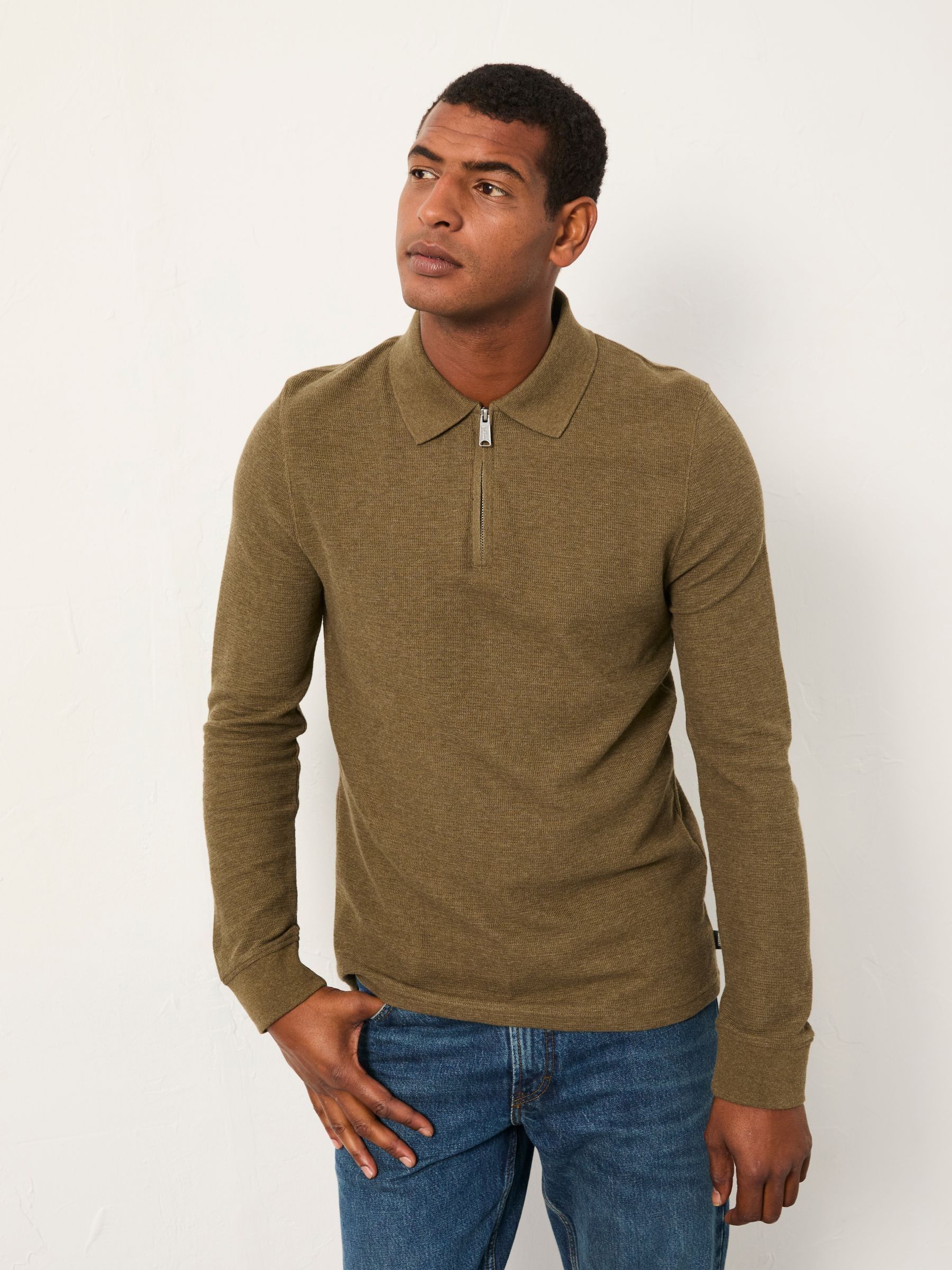 Shawford Khaki Green Zip Neck Polo (F69737) | $77