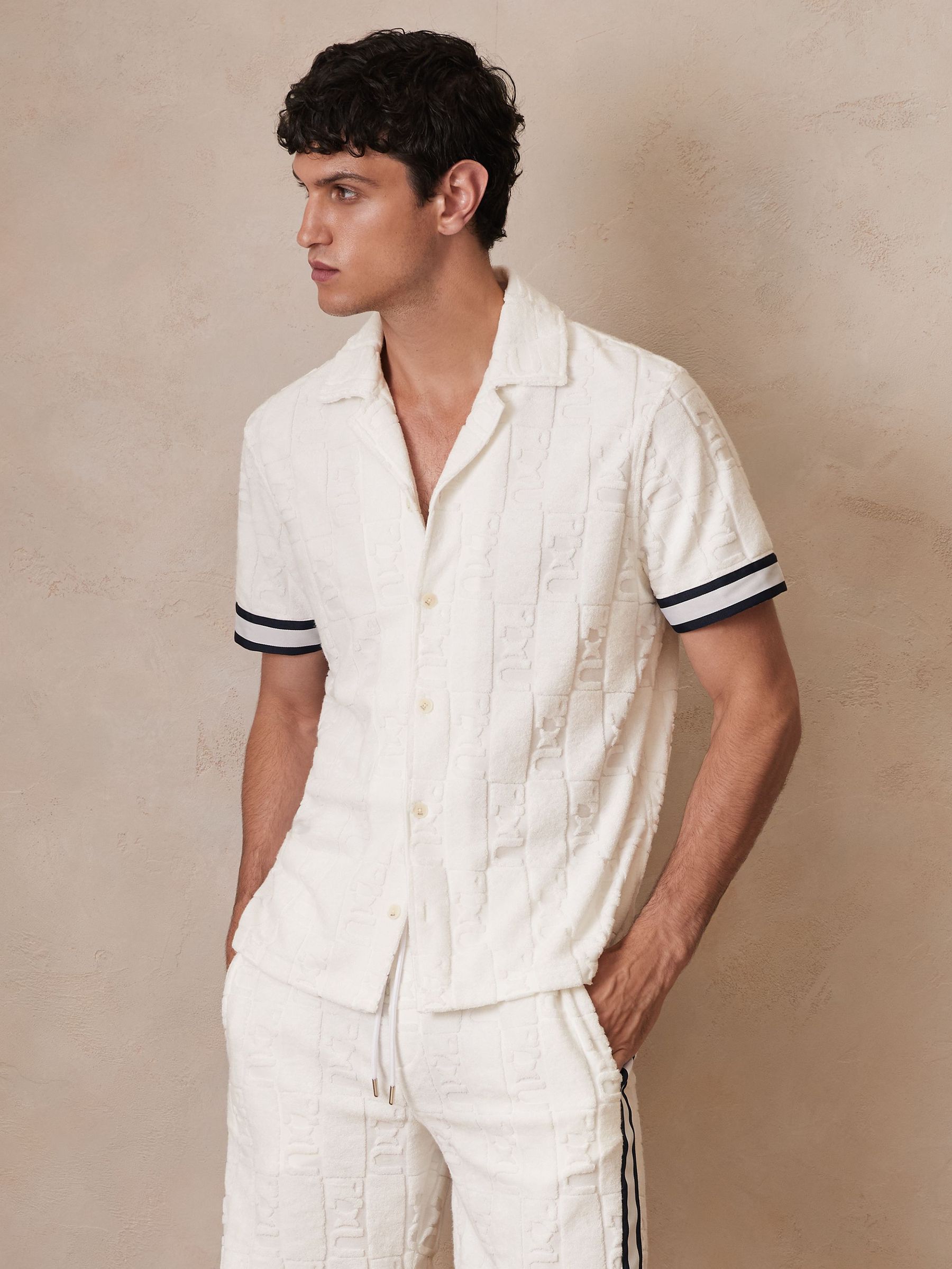 Reiss | Ché Towelling Monogram Shorts in White (F70338) | US$160