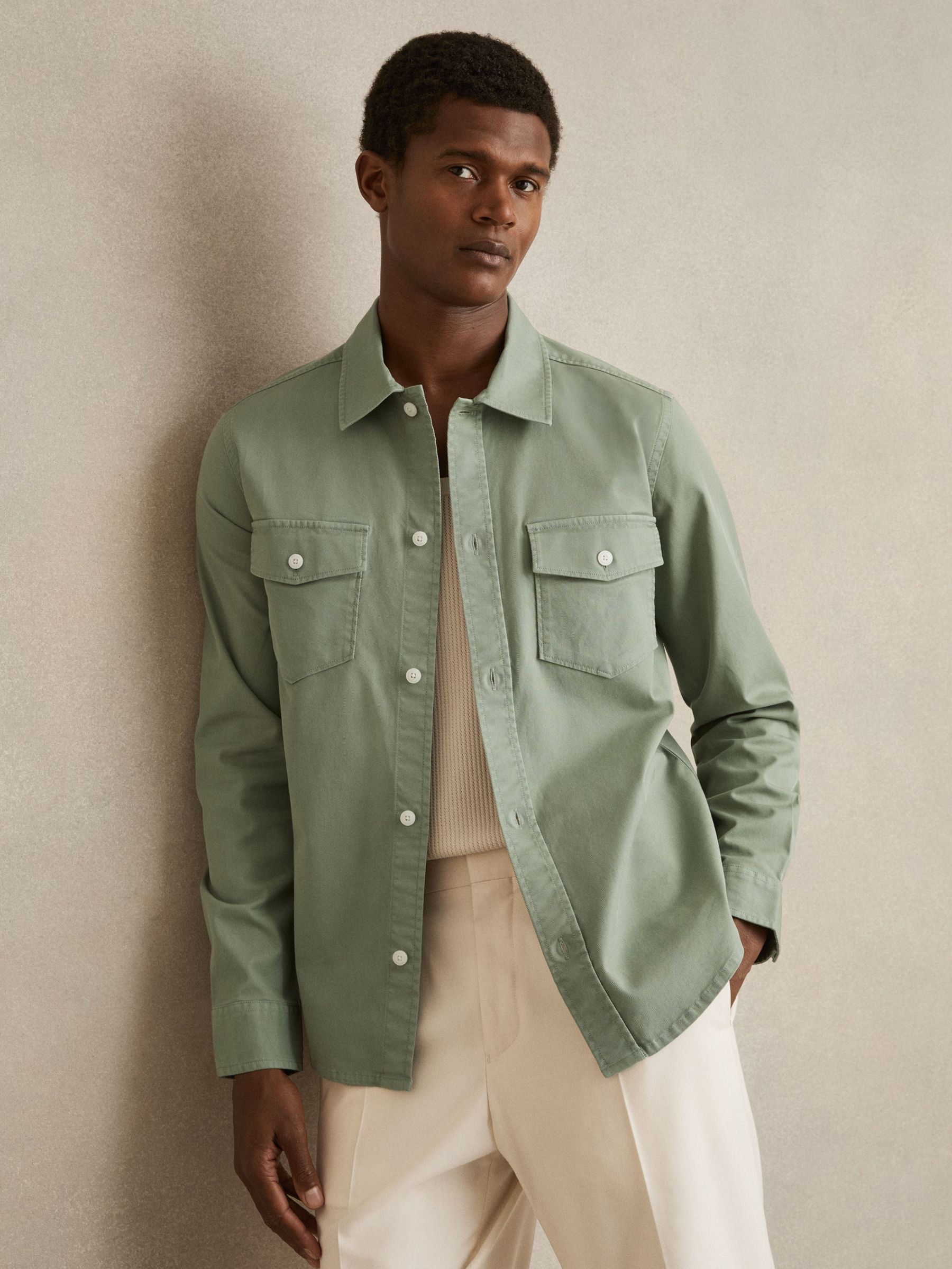 Cotton Twill Twin Pocket Overshirt With Stretch in Sage Green (F70351) | US$195
