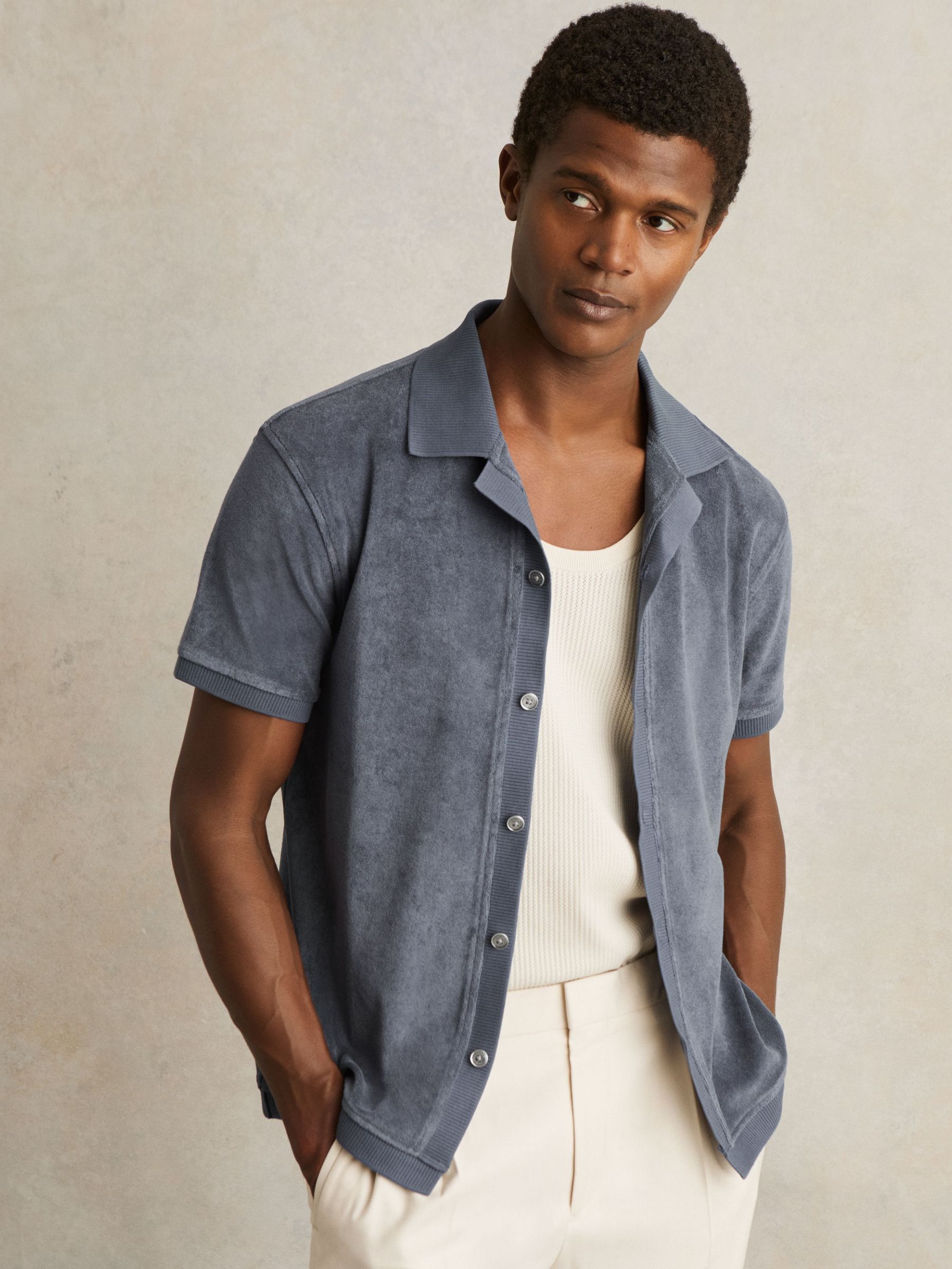 Cotton Blend Towelling Shirt in Airforce Blue (F70352) | US$145