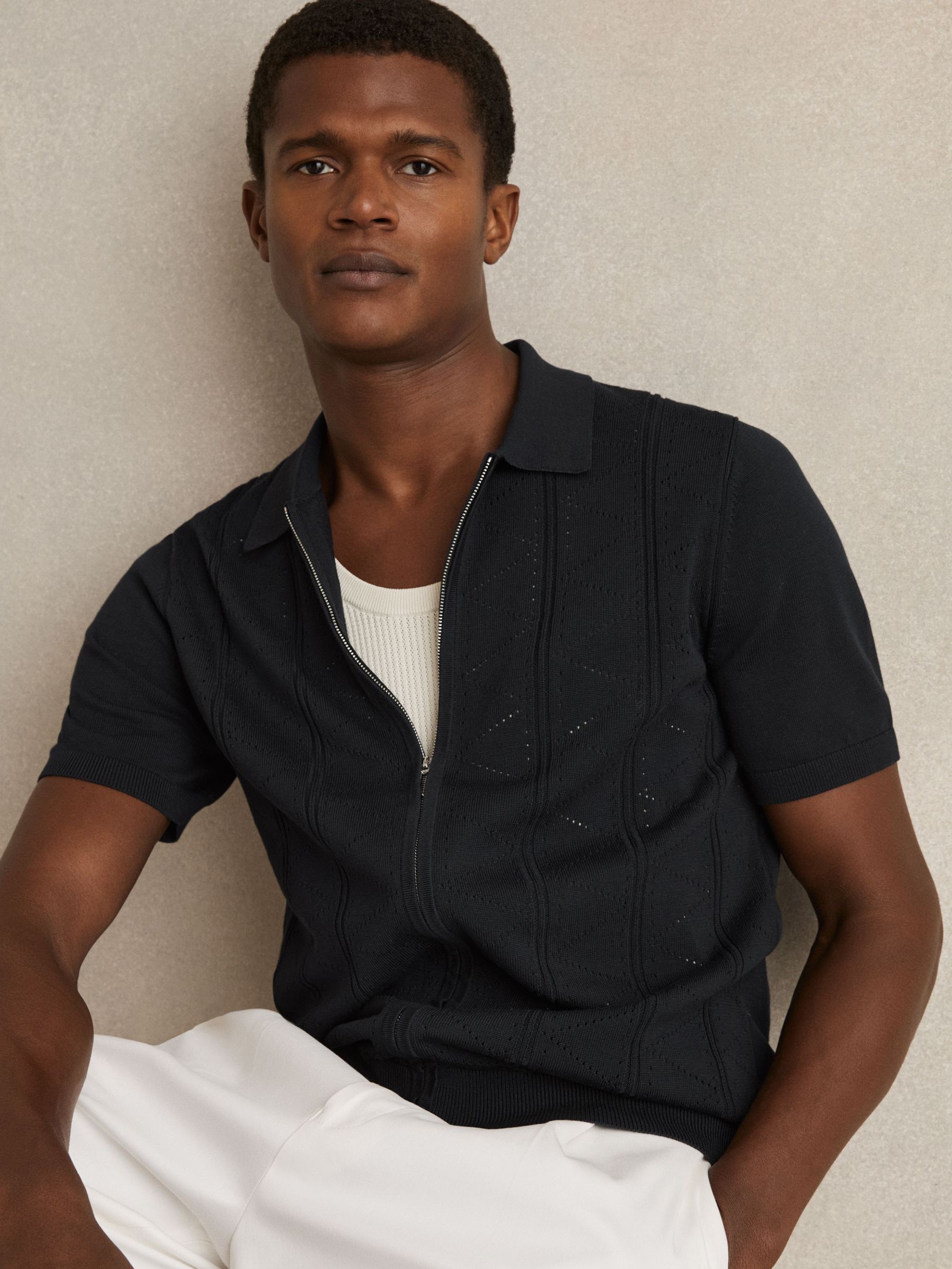 Pointelle-Knit Zip-Through Shirt in Navy (F70355) | €145