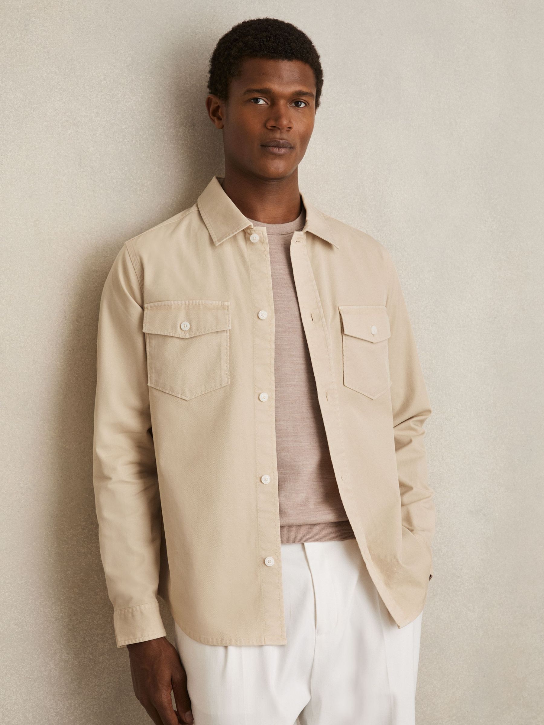Cotton Twill Twin Pocket Overshirt With Stretch in Stone (F70358) | US$195
