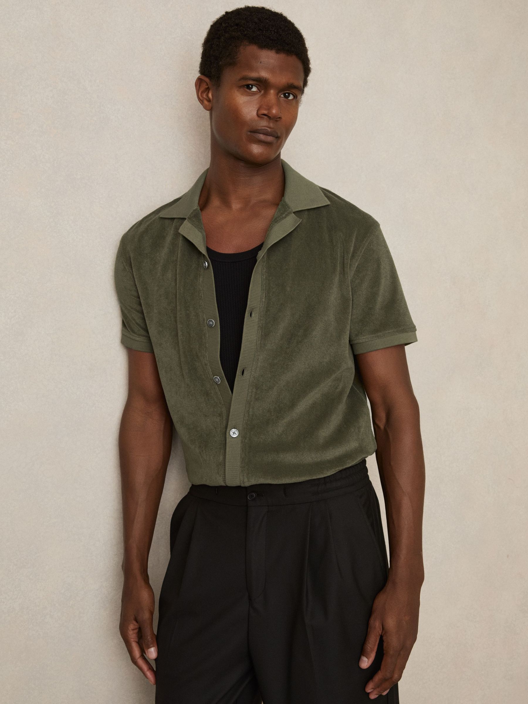 Cotton Blend Towelling Shirt in Green (F70369) | US$145