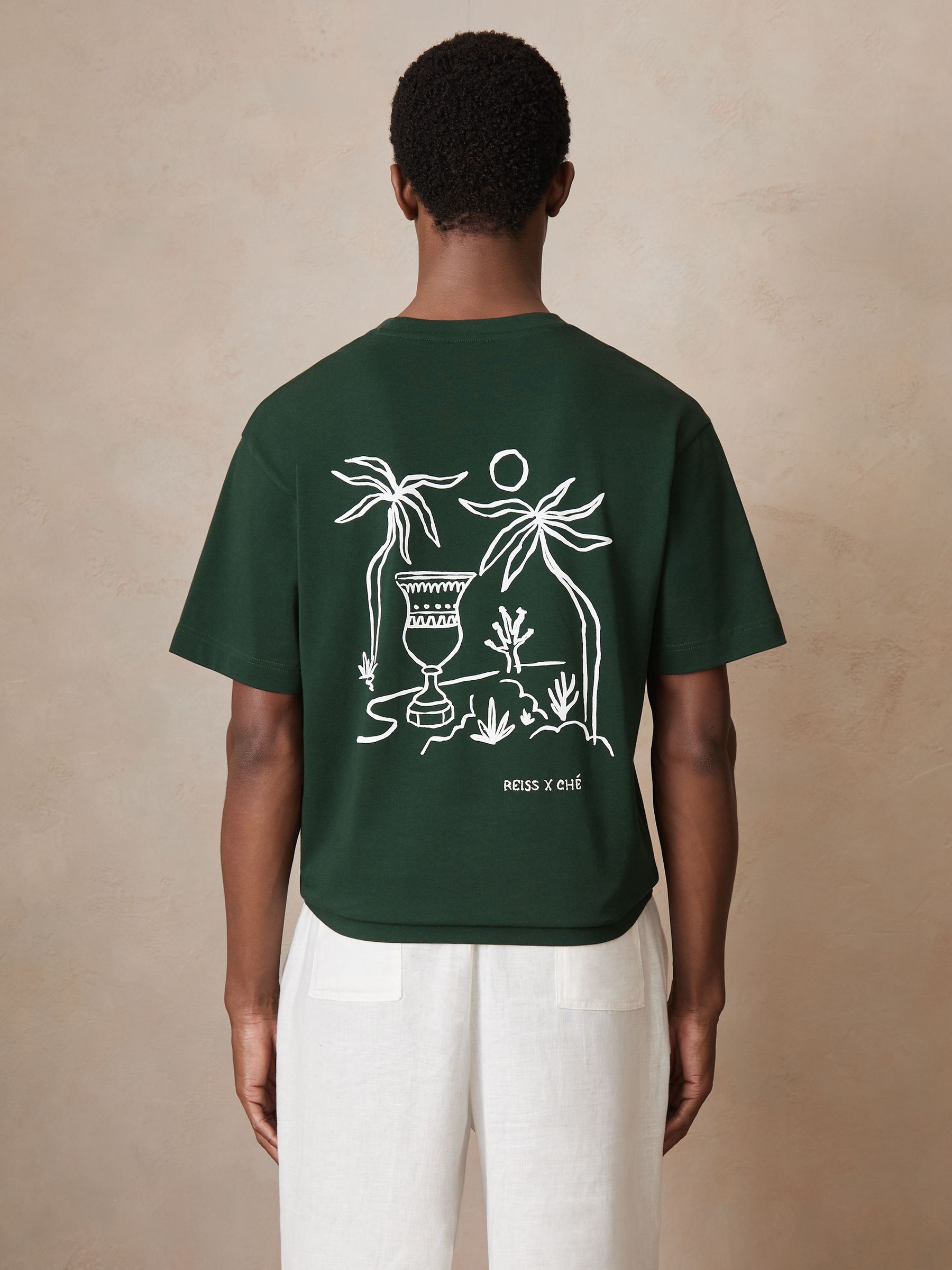 Reiss | Ché Cotton Palm-Tree T-Shirt in Green (F70371) | US$110