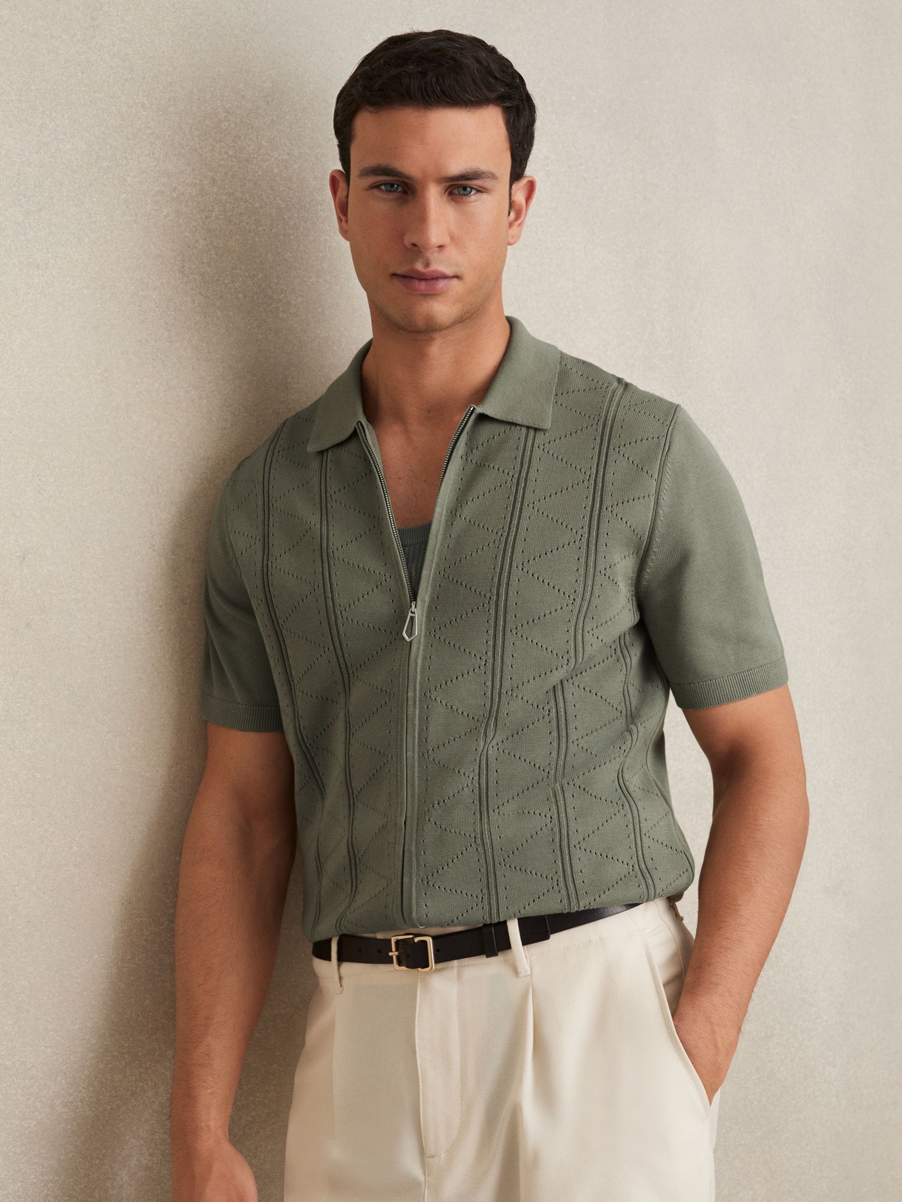 Pointelle-Knit Zip-Through Shirt in Sage (F70372) | US$180