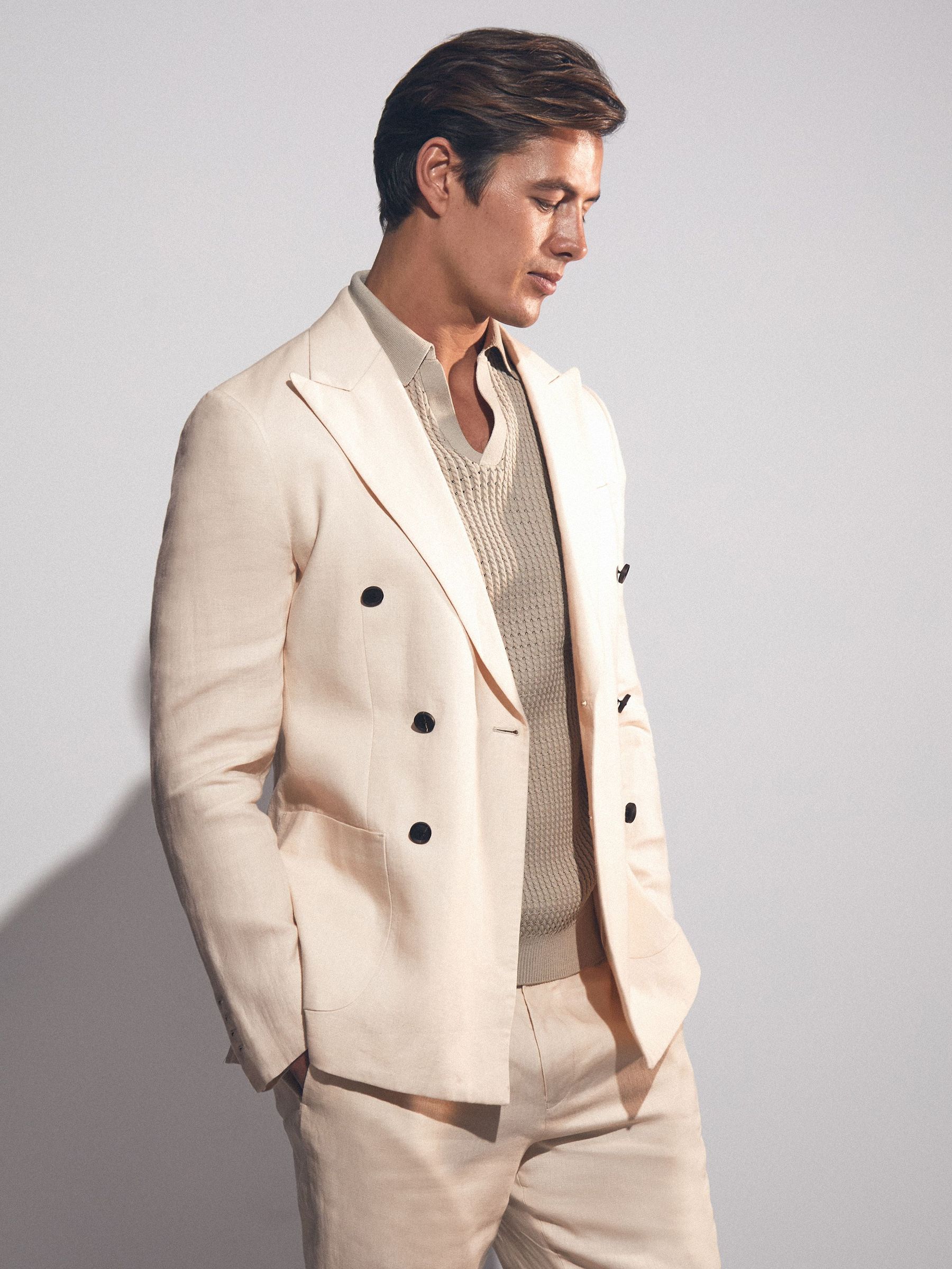 Linen Double-Breasted Suit Slim-Fit Blazer in Stone (F70489) | €470