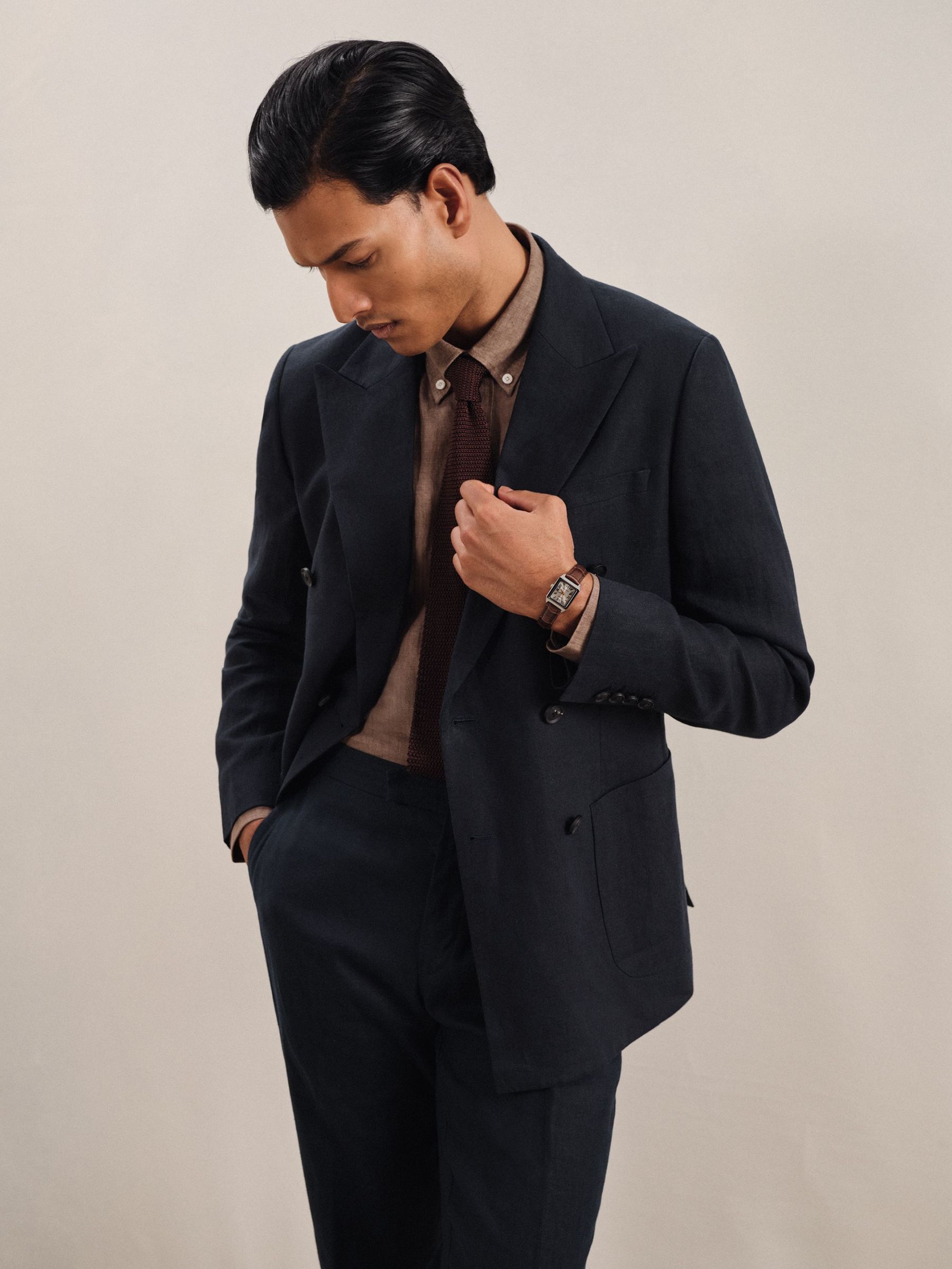 Linen Double-Breasted Suit Slim-Fit Blazer in Navy (F70493) | €470