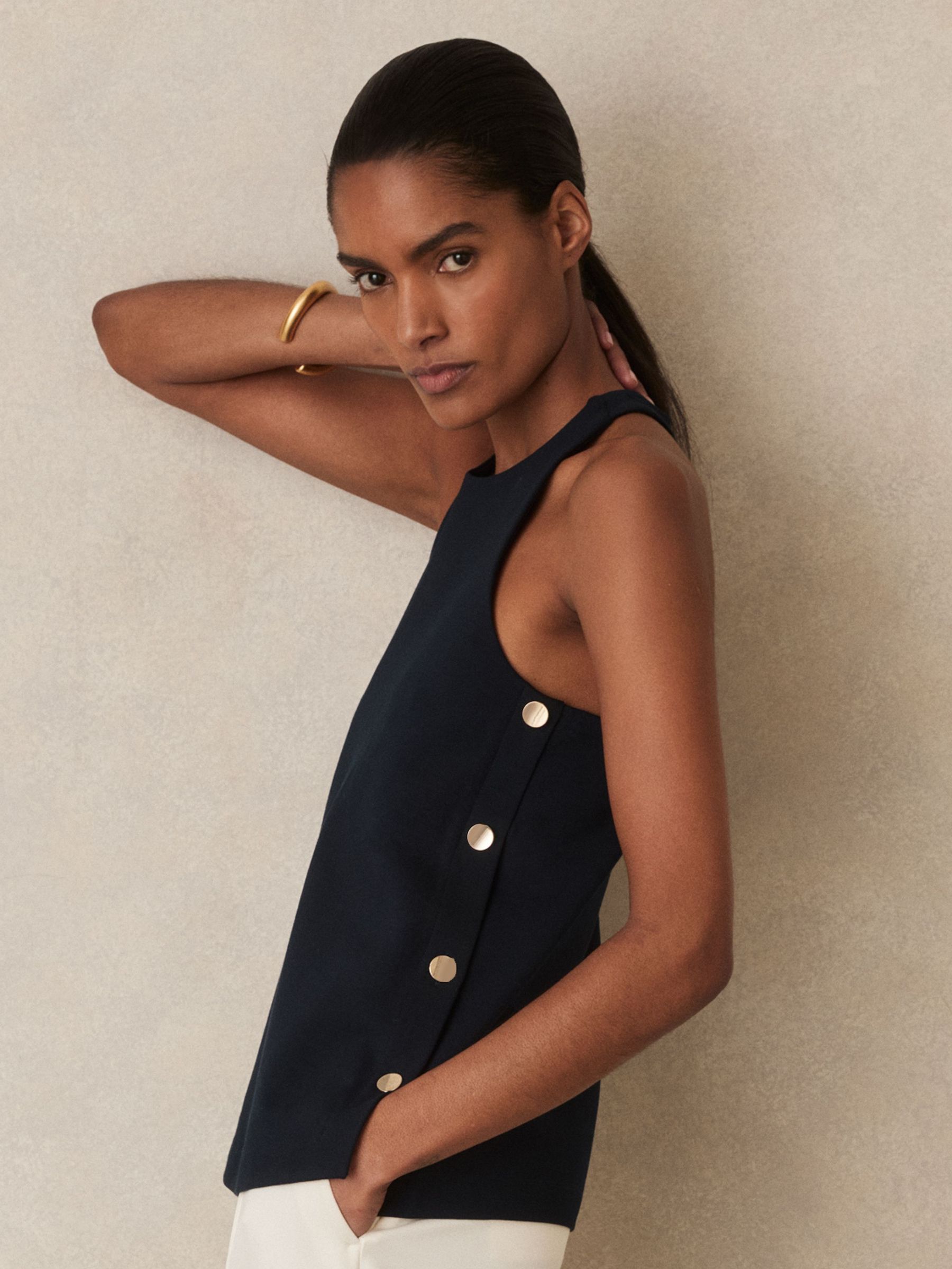 Button Side Sleeveless Top in Navy (F71405) | €140