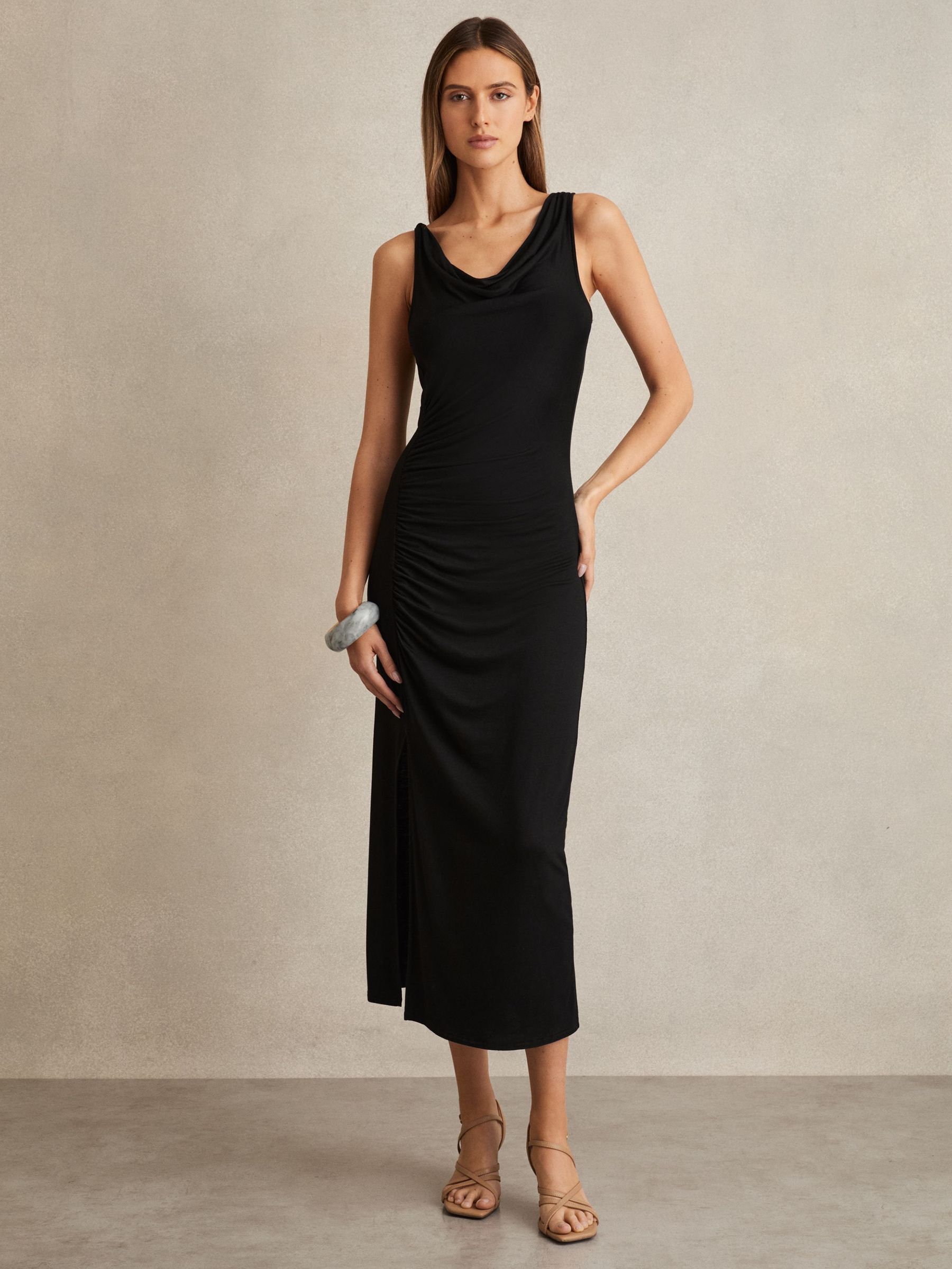 Cowl-Neck Ruched Jersey Midi Dress in Black (F71406) | €195